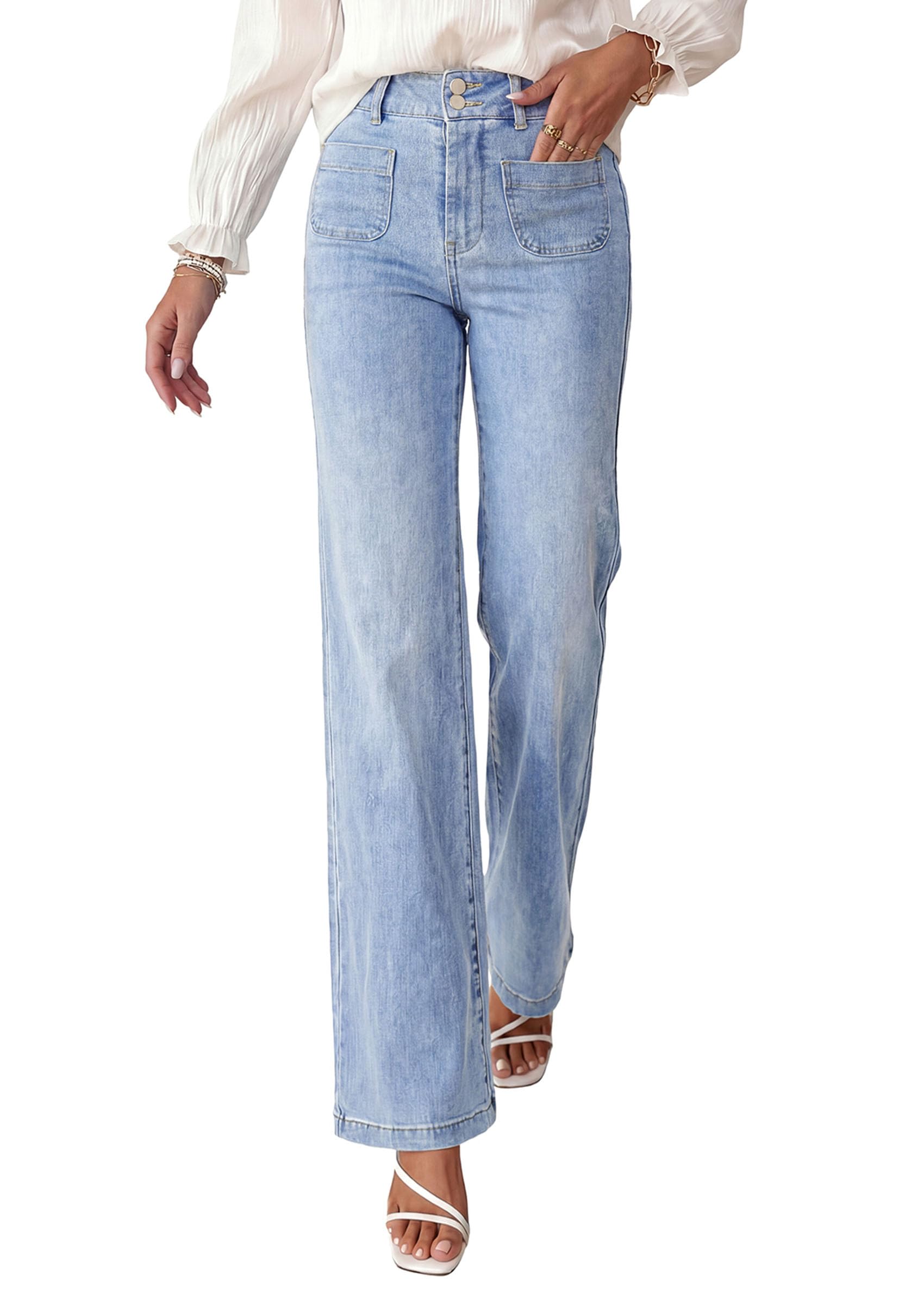 PRETTYGARDEN Womens Wide Leg Jeans High Waisted Stretchy | High Rise Flare Jeans with Front Patch Pockets, Loose Fit Daily Wear Denim, Trendy Office Work Pants, Business Casual Outfits