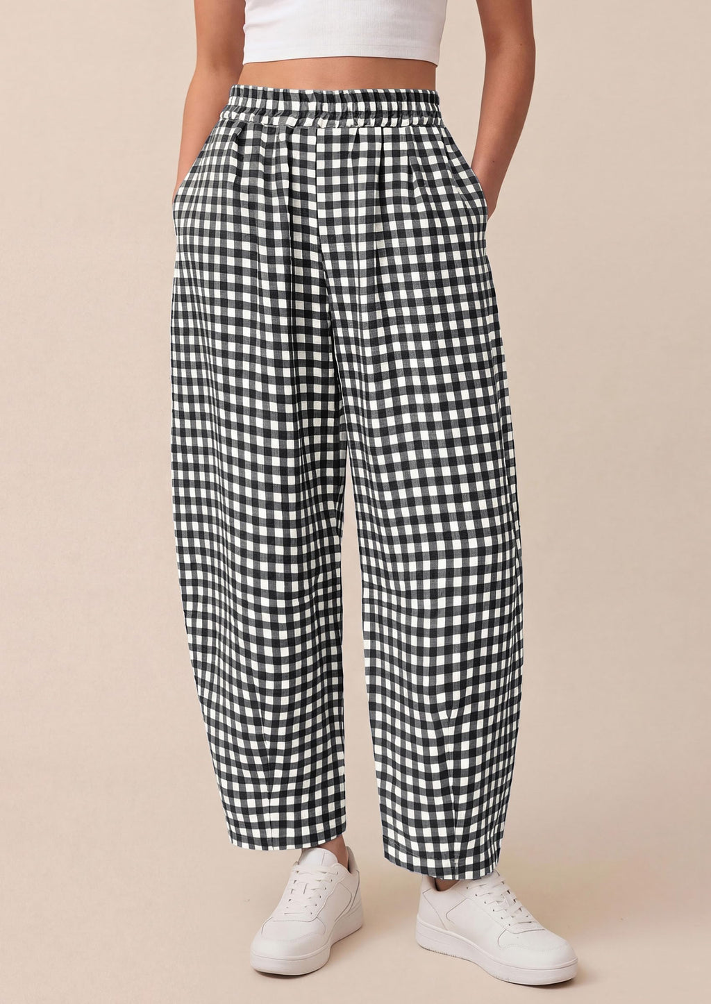 PRETTYGARDEN Plaid Barrel Pants Women Summer Casual Loose Wide Leg Lounge Gingham Trousers Spring Fashion Beach Bottoms
