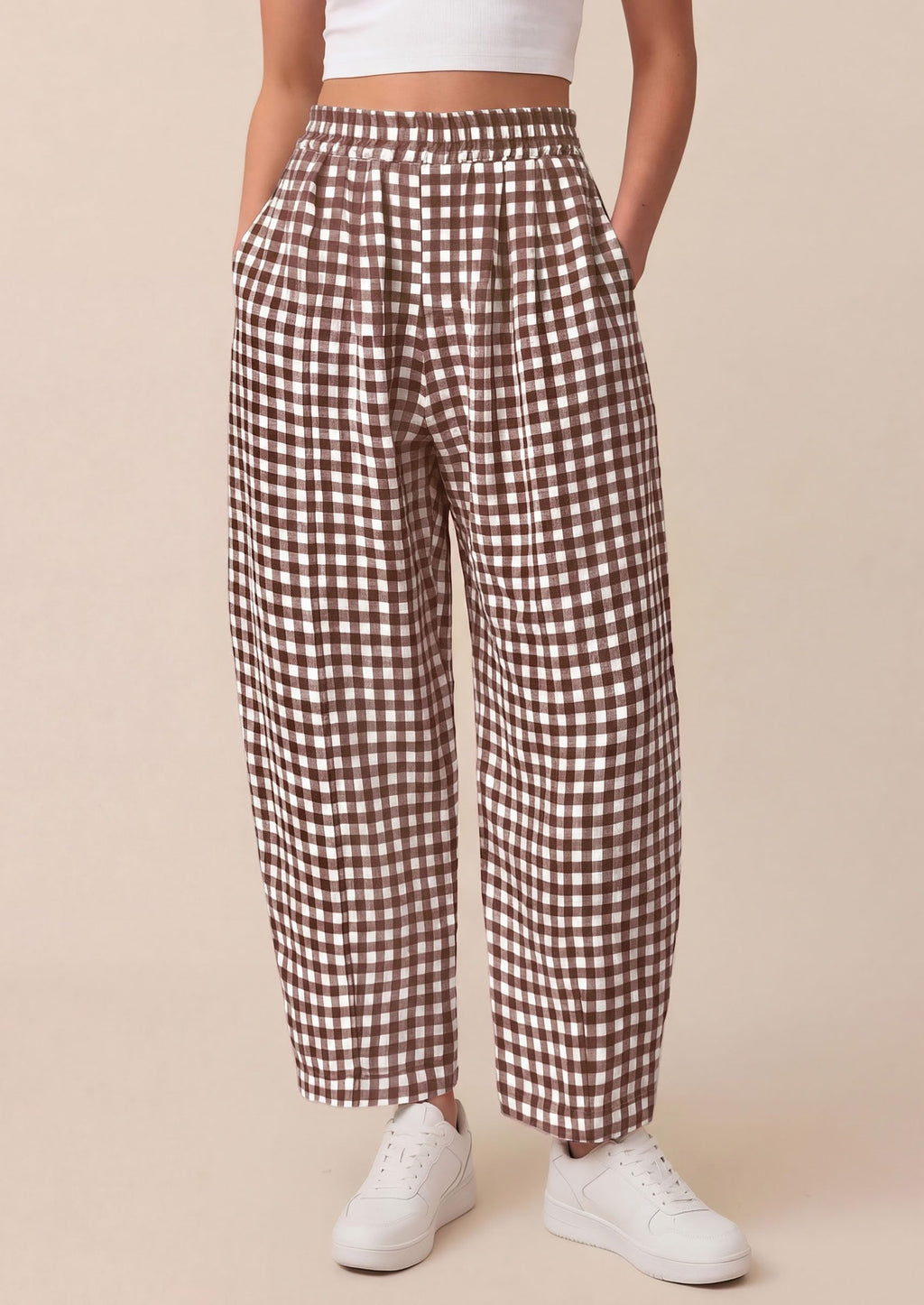 PRETTYGARDEN Plaid Barrel Pants Women Summer Casual Loose Wide Leg Lounge Gingham Trousers Spring Fashion Beach Bottoms