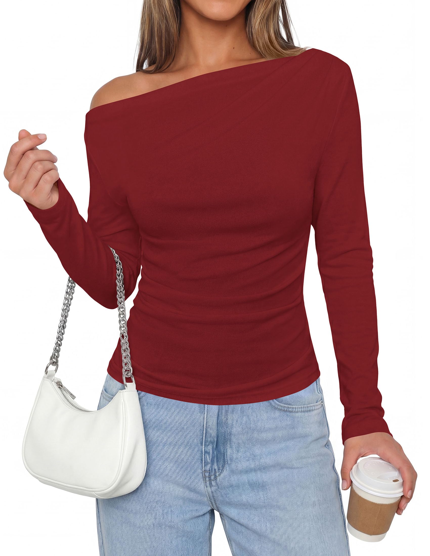 PRETTYGARDEN Womens Off The Shoulder Tops Long Sleeve Shirts | Going Out Tops, Ruched Slim Fit Asymmetrical Neck, Cute Date Night Outfits, Work Dressy Blouses, Fall Fashion Winter Clothes