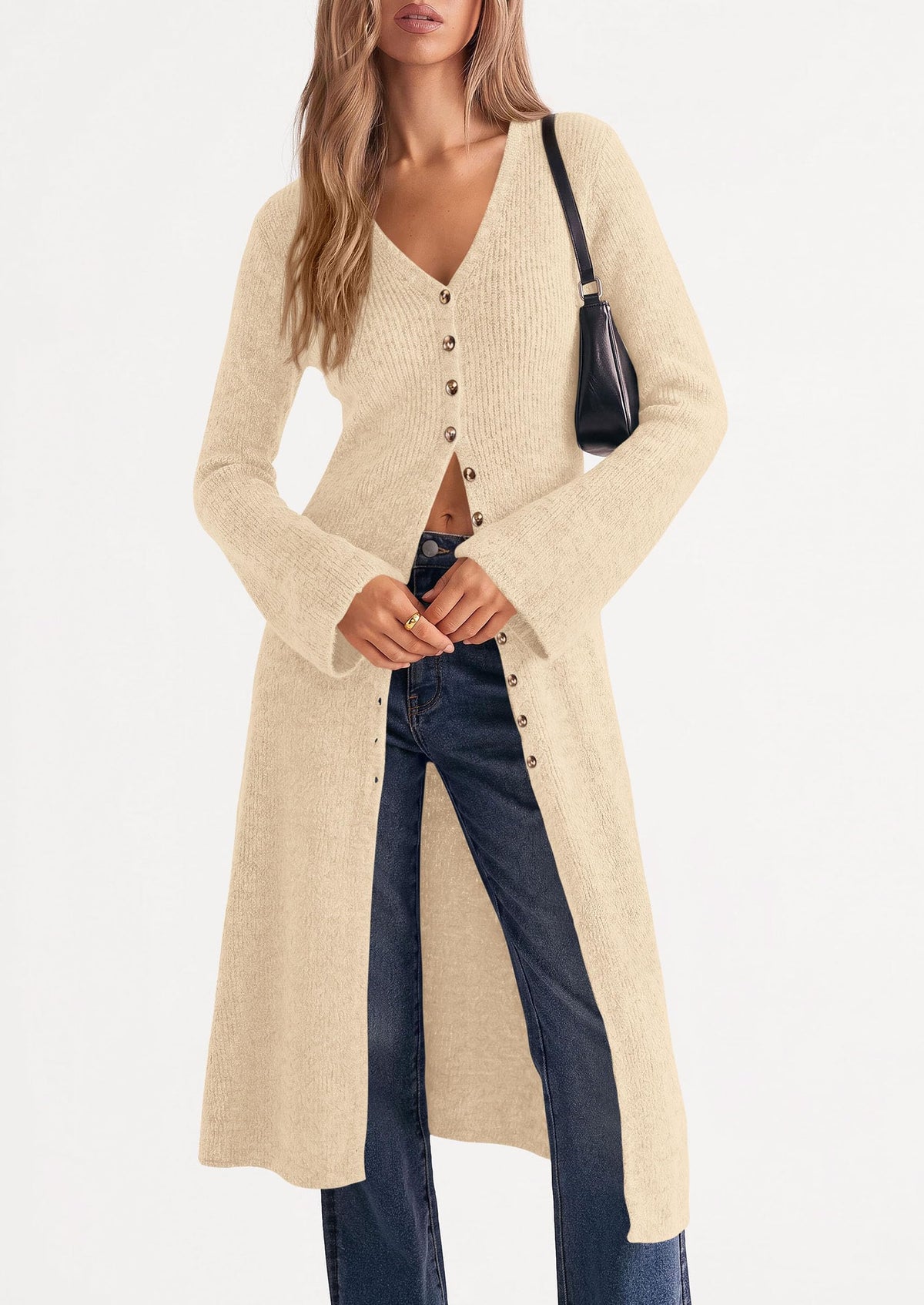 PRETTYGARDEN Women Long Cardigan Bell Sleeve Sweater Dress Early Fall Fashion, V Neck Button Down Coats, Fit and Flare, Duster Sweater, Acrylic Cotton Blend