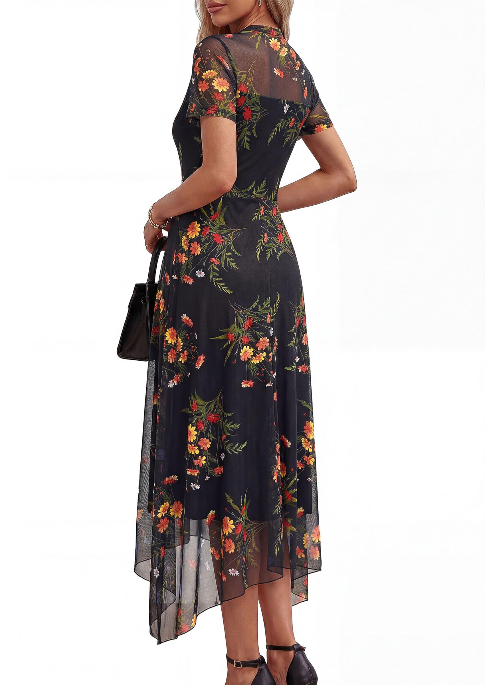 PRETTYGARDEN Cocktail Dresses for Women  Summer Short Sleeve Floral Mesh Sheer Midi Party Wedding Guest Dress