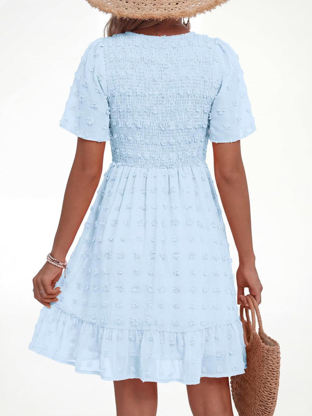 FreshPretty Womens Beach Vacation Dress Summer V Neck Short Sleeve Smocked Swiss Dot Ruffle Casual Mini Spring Dresses