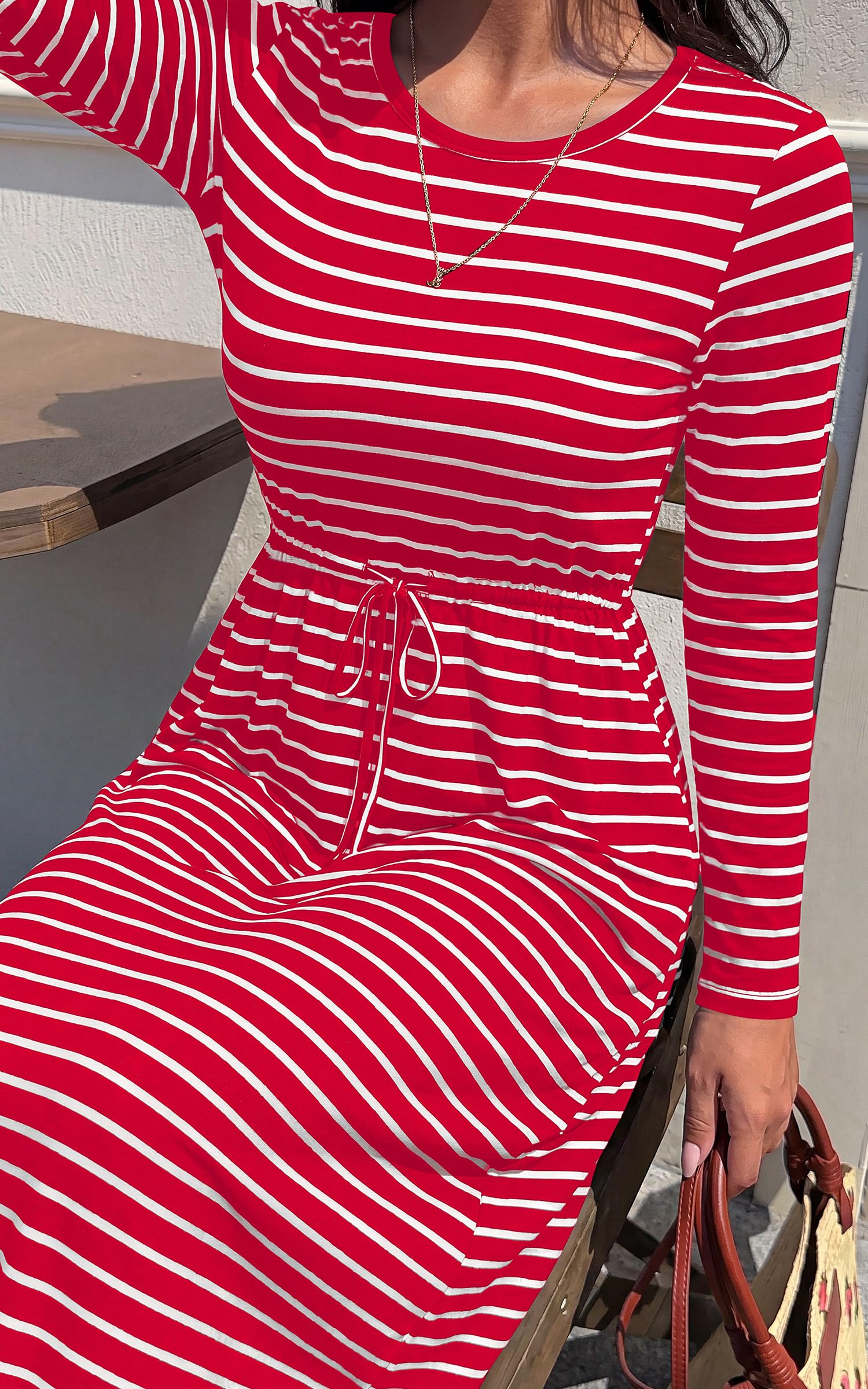 FreshPretty Long Sleeve Maxi Dresses for Women Fall Casual Loose Striped Dress|Cotton T Shirt Dress, Loose Fit Dress with Pocket, Business Casual Work Teacher, Fall Outfits