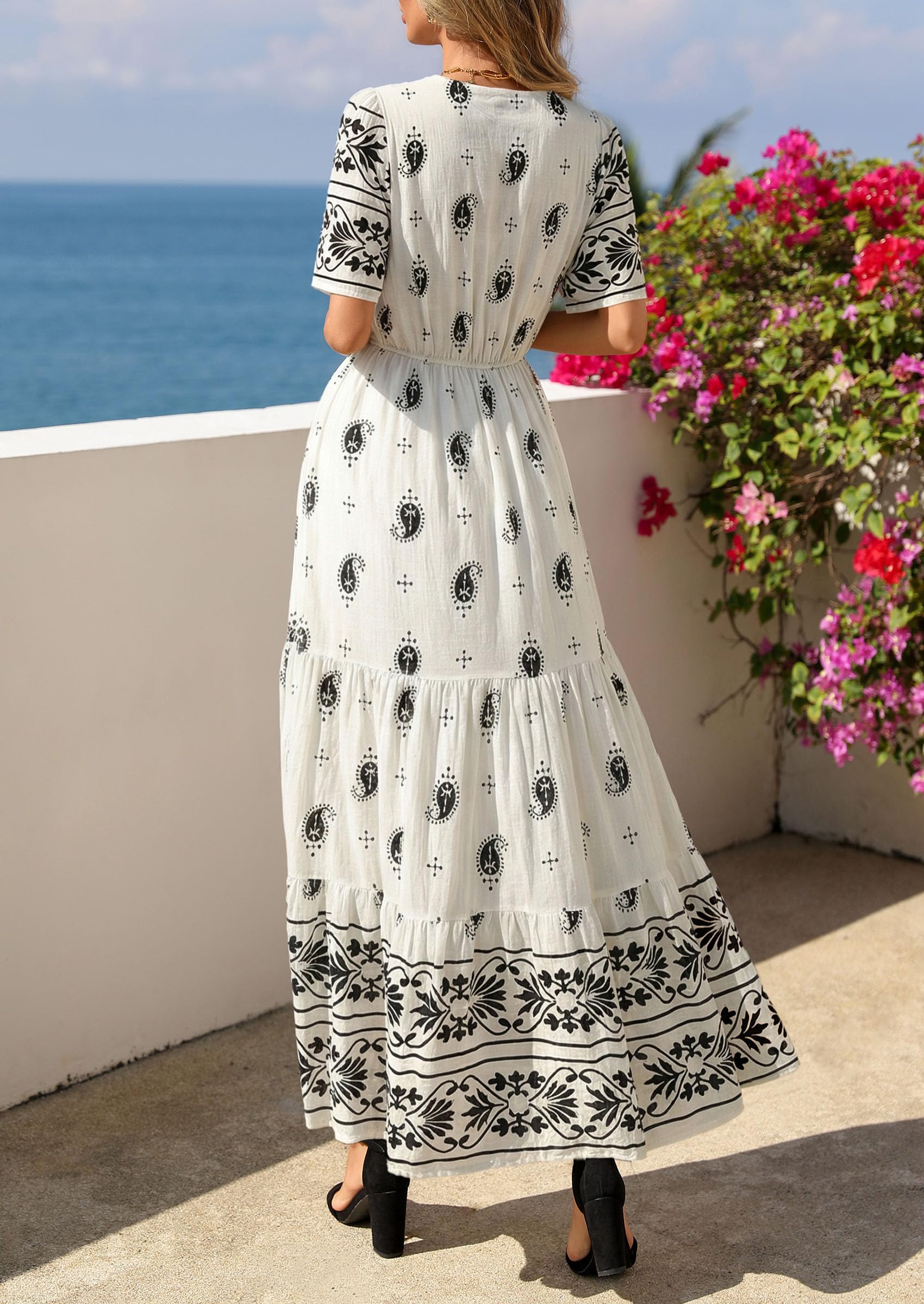PRETTYGARDEN Womens Summer Boho Maxi Dress Trendy Short Sleeve V Neck Flowy Beach Floral Dresses with Pockets
