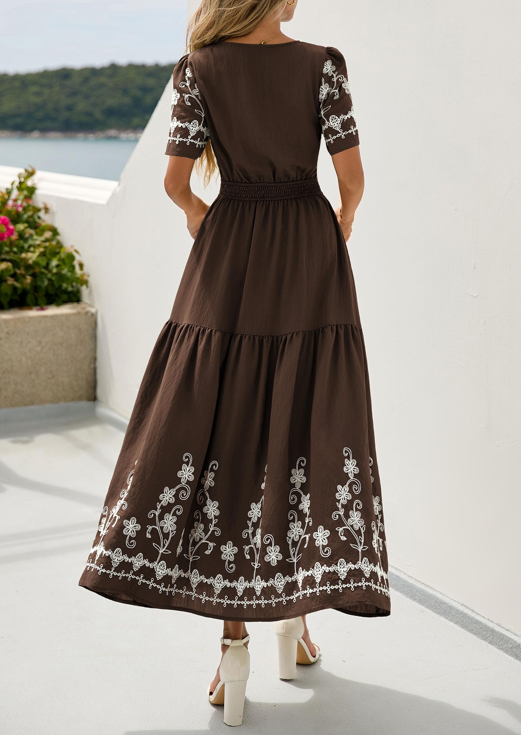 PRETTYGARDEN Women's Summer Boho Maxi Dress Spring Floral Short Sleeve V Neck A Line Flowy Beach Wedding Guest Dresses