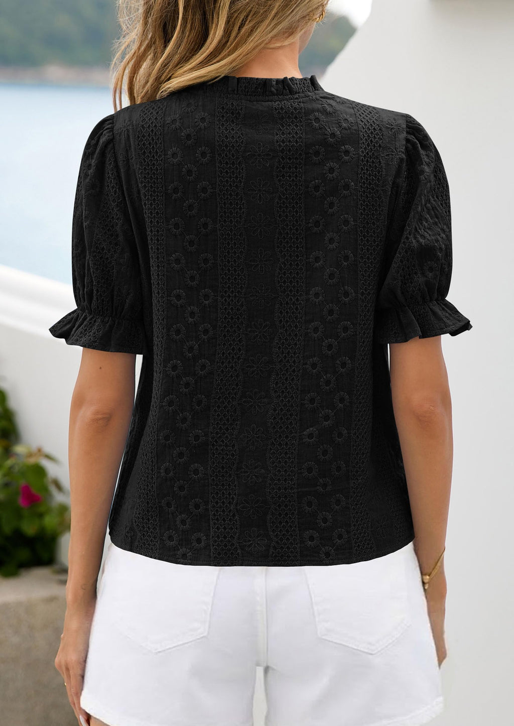 PRETTYGARDEN Womens Puff Short Sleeve Tops  Summer Spring Button Down Boho Embroidered Cute Blouse Dressy Casual Shirts