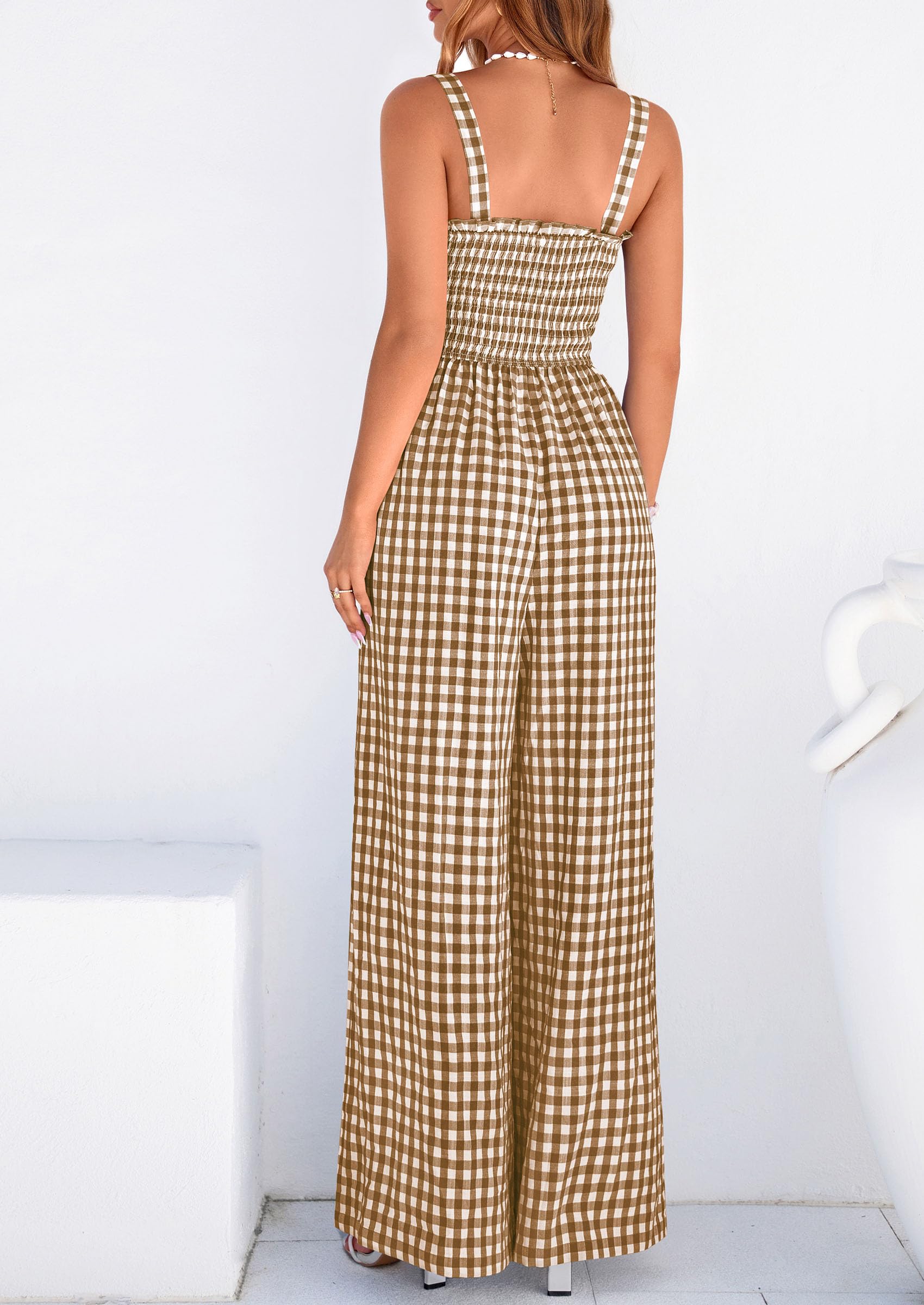 PRETTYGARDEN One Piece Jumpsuits for Women Casual Summer Cruise Outfits  Spring Fashion Smocked Wide Leg Gingham Rompers