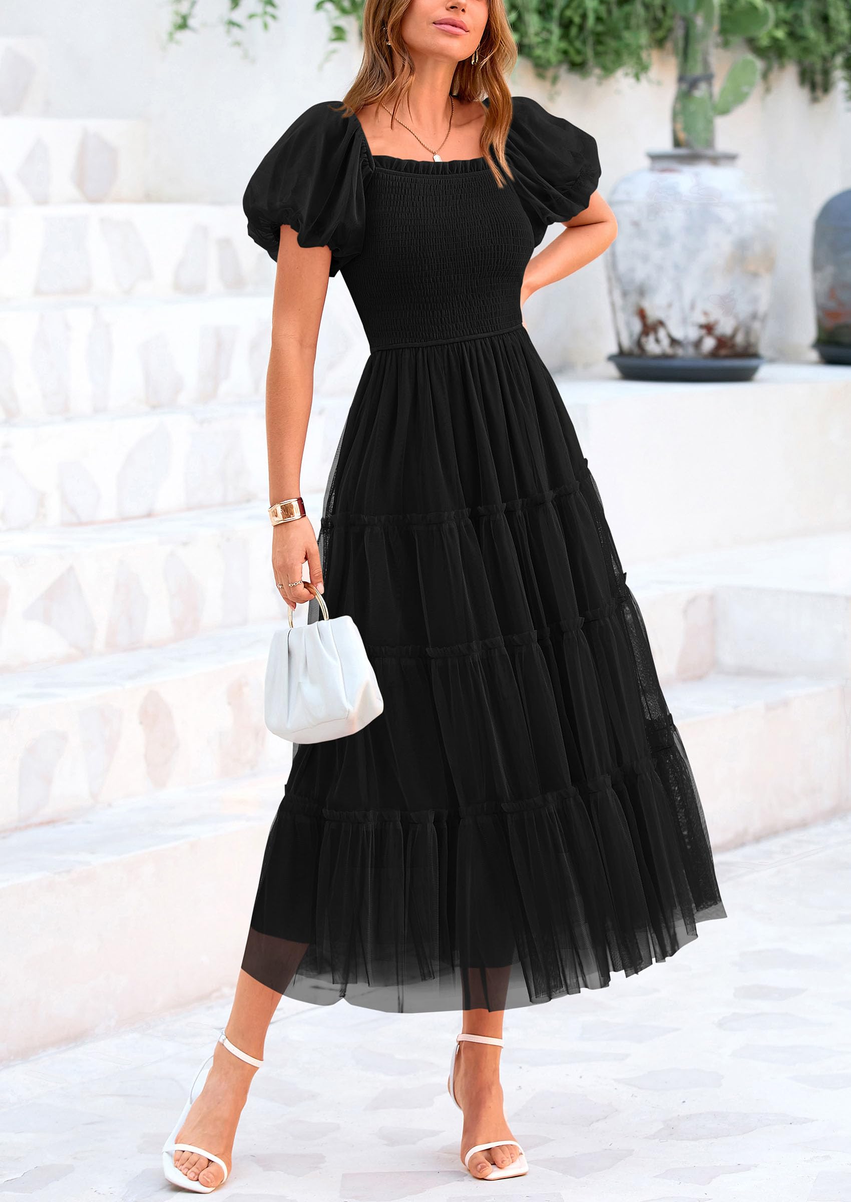 PRETTYGARDEN Women's Smocked Midi Tulle Dress  Summer Puffy Short Sleeve Square Neck Ruffle Wedding Guest Party Dresses