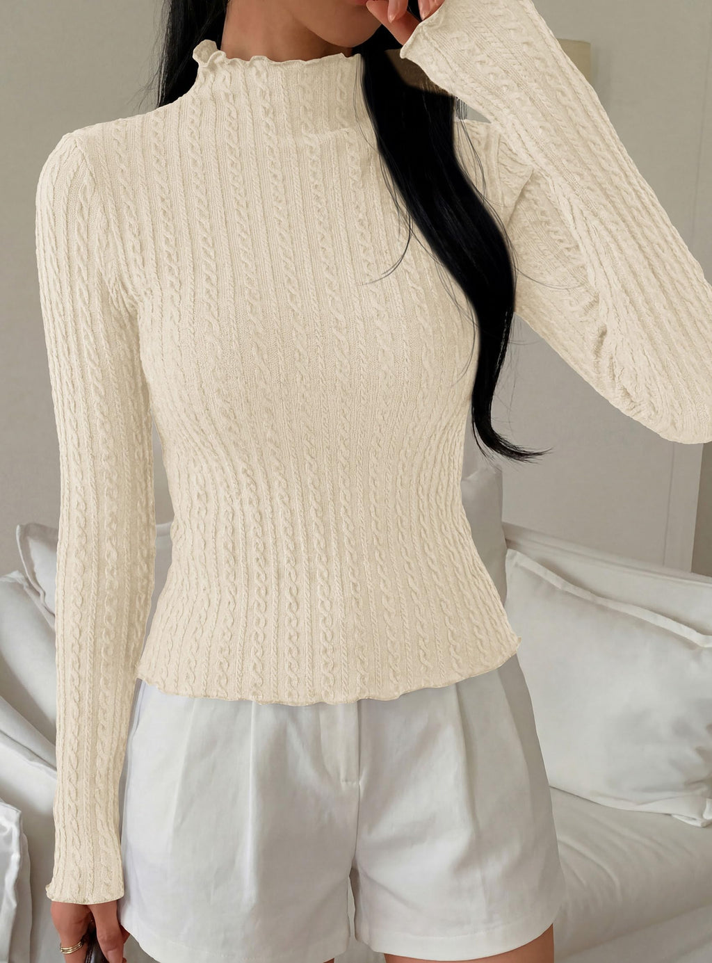 PRETTYGARDEN Women's Fall Long Sleeve Fitted Shirts | Comfy Stretchy Cable Knit, Trendy Lettuce Trim Mock Neck, Casual Basic Tees, Cute Layering Tops, 2026 Fashion Clothing