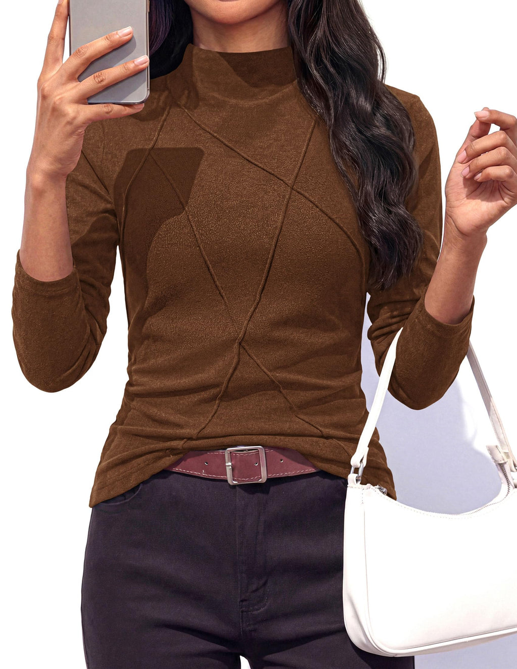 PRETTYGARDEN Women's Fall Mock Neck Long Sleeve Shirts | Soft Stretchy Knit,Geometric Seam Stitching,Slim Fitted Basic Tees,Thermal Casual Wear,Daily Work Layering Winter Tunic Top