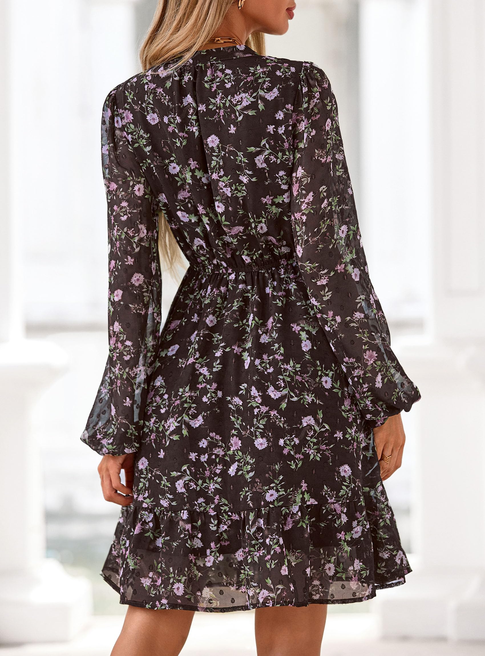PRETTYGARDEN Women's Fall Boho Dresses  Floral Long Sleeve V Neck Mini Flowy Wedding Guest Dress Trendy Vacation Outfits