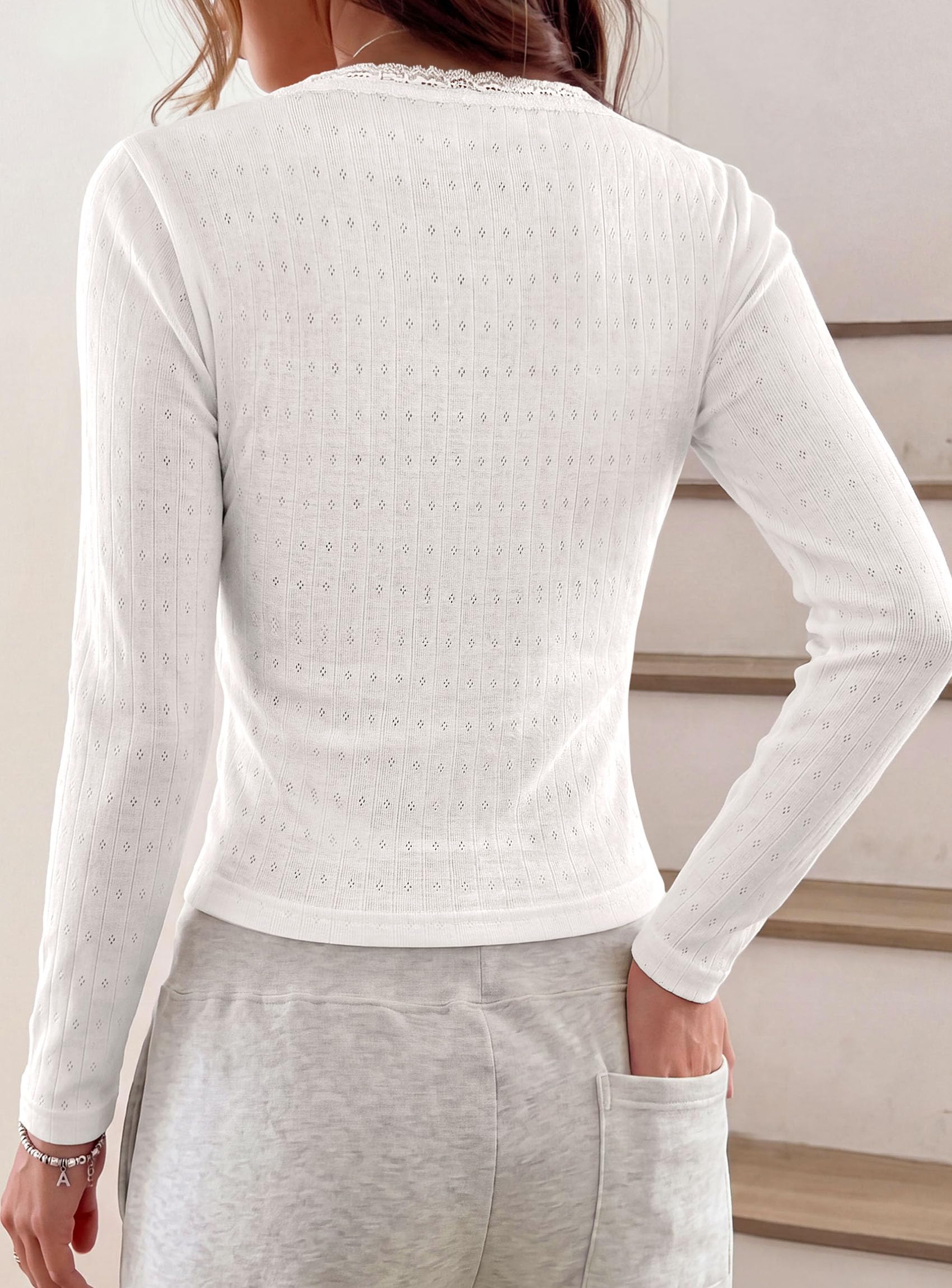PRETTYGARDEN Womens Long Sleeve Henley Shirts Going Out Tops Lace Trim Square Neck, Slim Fitted Basic Tees, Soft Comfy Jacquard Fabric, Casual Wear, Fall Outfits, Y2K Fashion Clothing