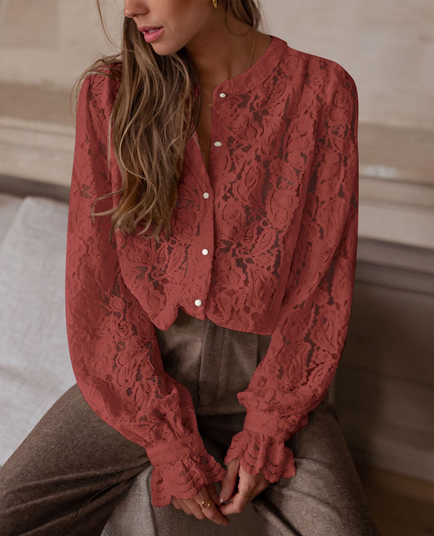 PRETTYGARDEN Women's Dressy Casual Lace Blouse Long Sleeve Button Up Shirts Tops Spring Fall Fashion Clothes