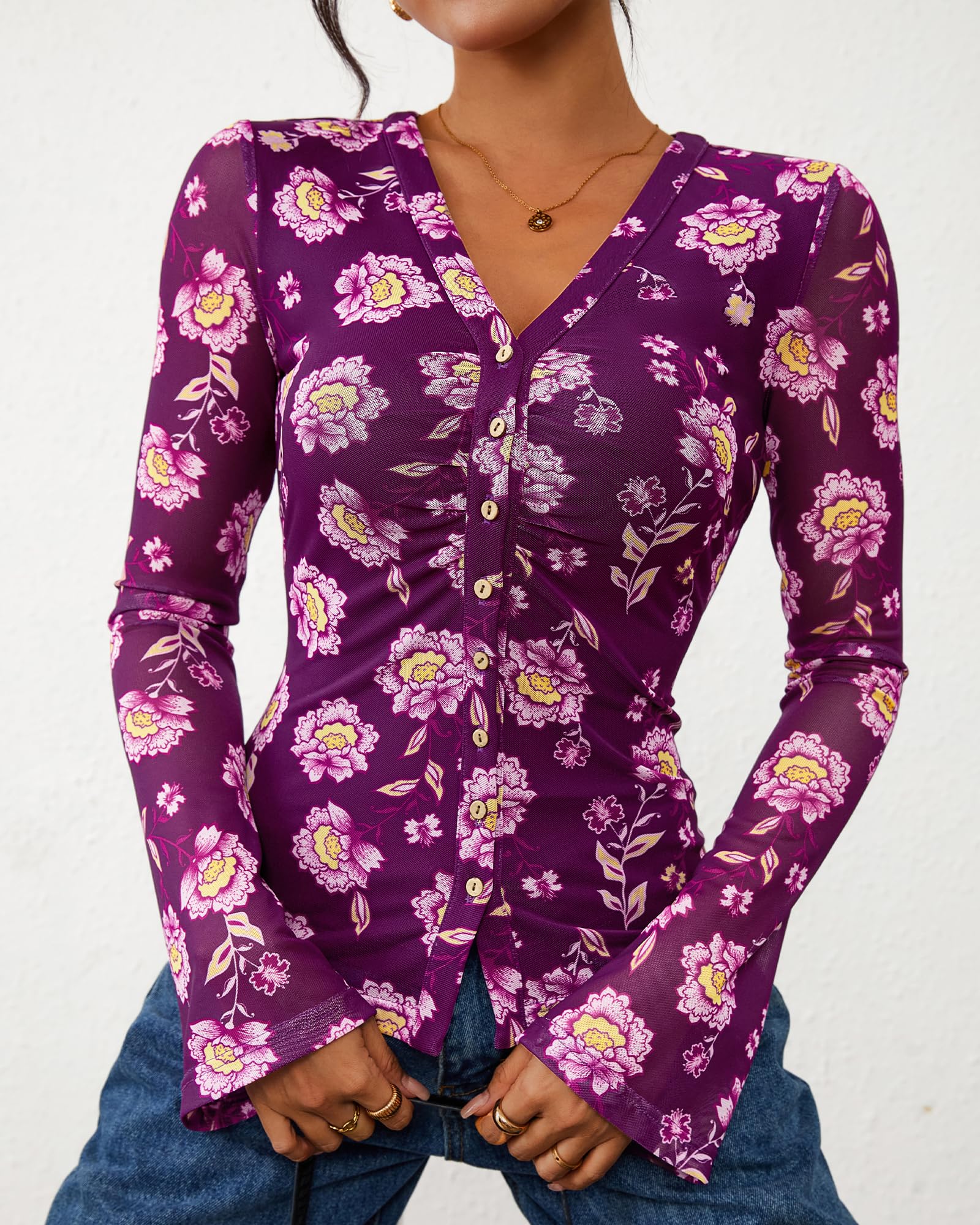 FreshPretty Button Down Shirts for Women Fall Fashion V Neck Long Sleeve Blouse Ruched Mesh Fitted Floral Print Boho Tops