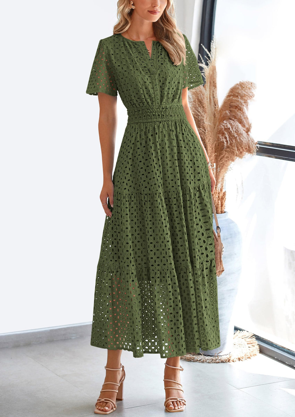 PRETTYGARDEN Womens Summer Maxi Dress Short Sleeve V Neck Hollow Out Eyelet A Line Long Flowy Beach Vacation Dresses