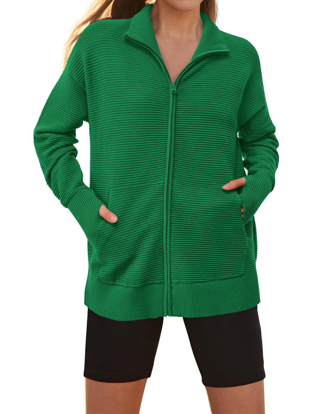 PRETTYGARDEN Womens Fall Long Sleeve Zip Up Cardigan Sweaters Casual Loose Collared Ribbed Knit Tops Jackets Thumb Hole