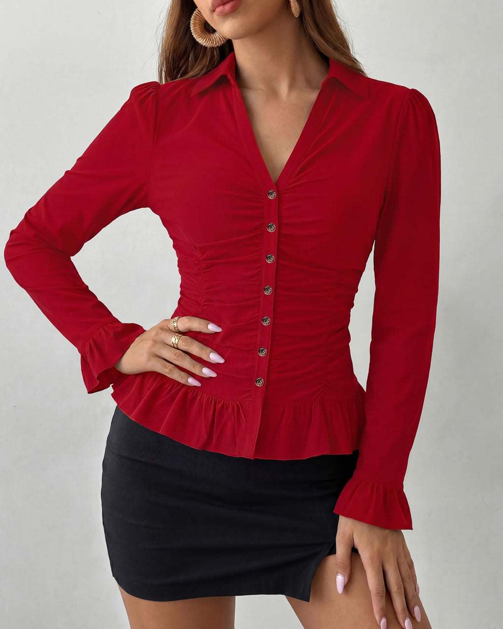 BTFBM Fitted Button Down Shirts for Women Dressy Casual Tops Collar V Neck Long Sleeve Ruched Tops, Stretchy Ruffle Blouses, Fall Fashion Clothing, Work Date Night Going Out Outfits