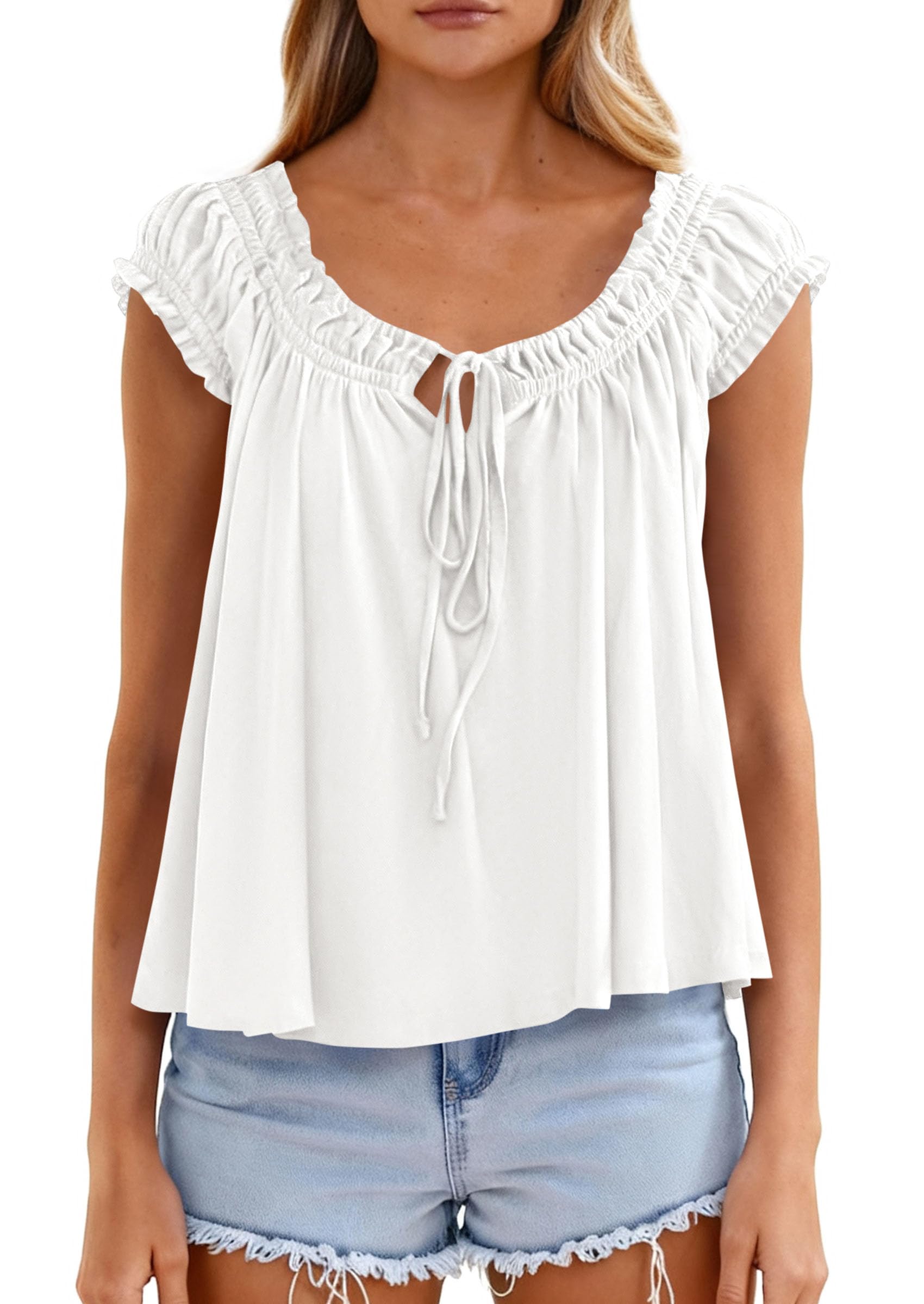 PRETTYGARDEN Women Babydoll Tops Summer Clothes Cap Sleeve Tie Front Flowy Tank Top Peplum Blouses Cute Going Out Shirts