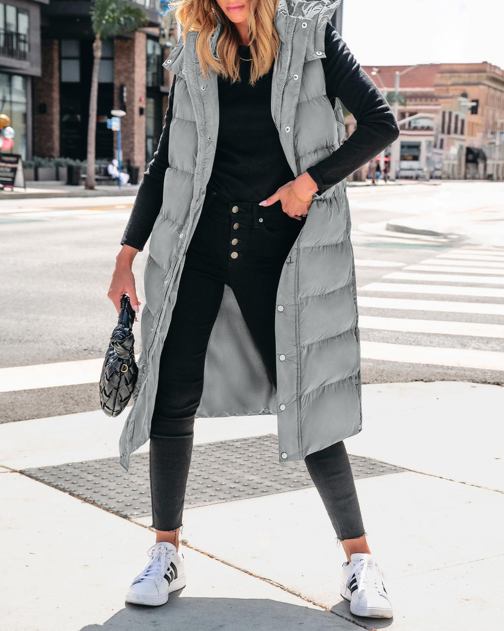 FreshPretty Long Puffer Vest Women Quilted Hooded Button Down Zip Up Sleeveless Vests Outerwear Padded Jacket Fall Winter Coat