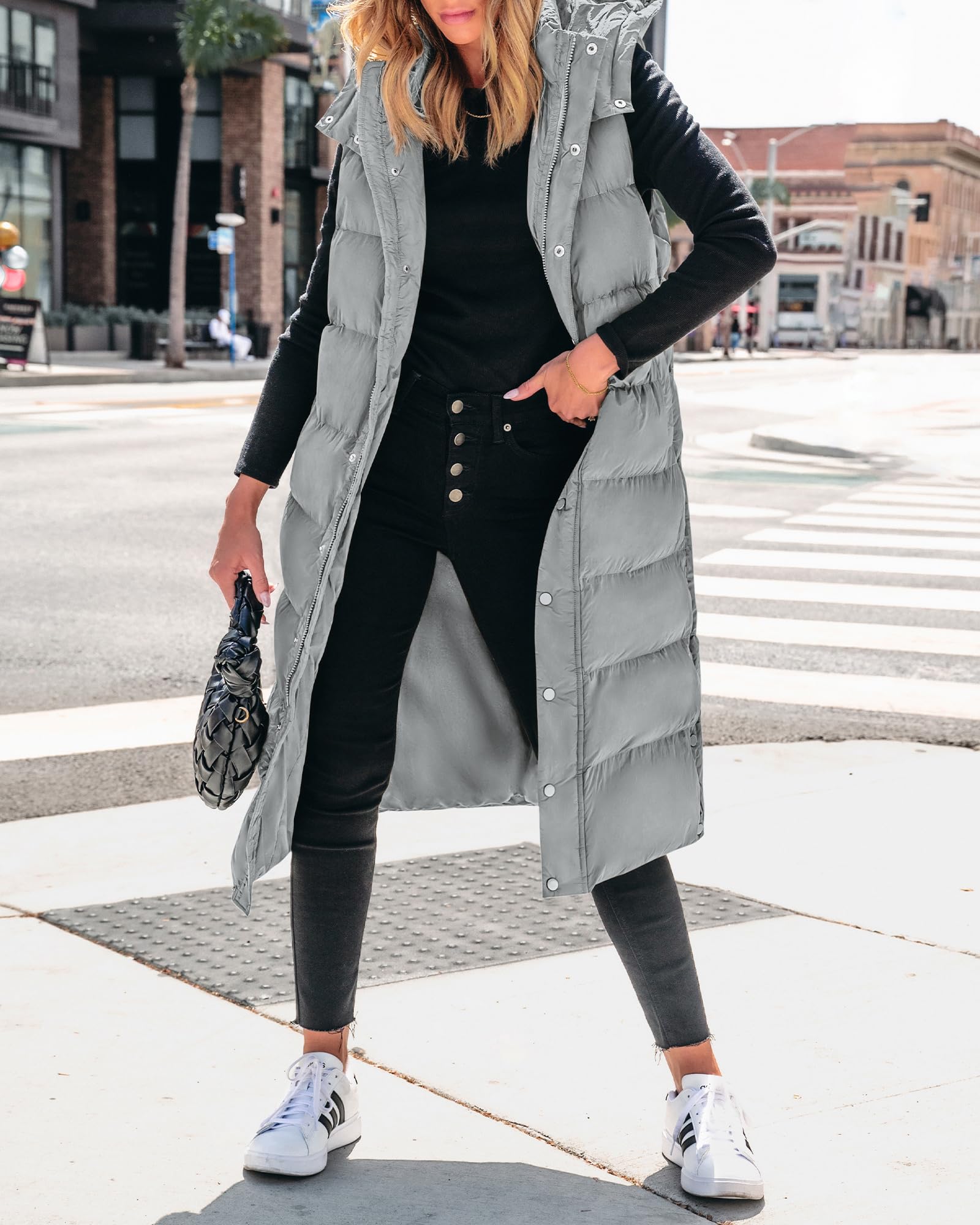 FreshPretty Long Puffer Vest Women Quilted Hooded Button Down Zip Up Sleeveless Vests Outerwear Padded Jacket Fall Winter Coat