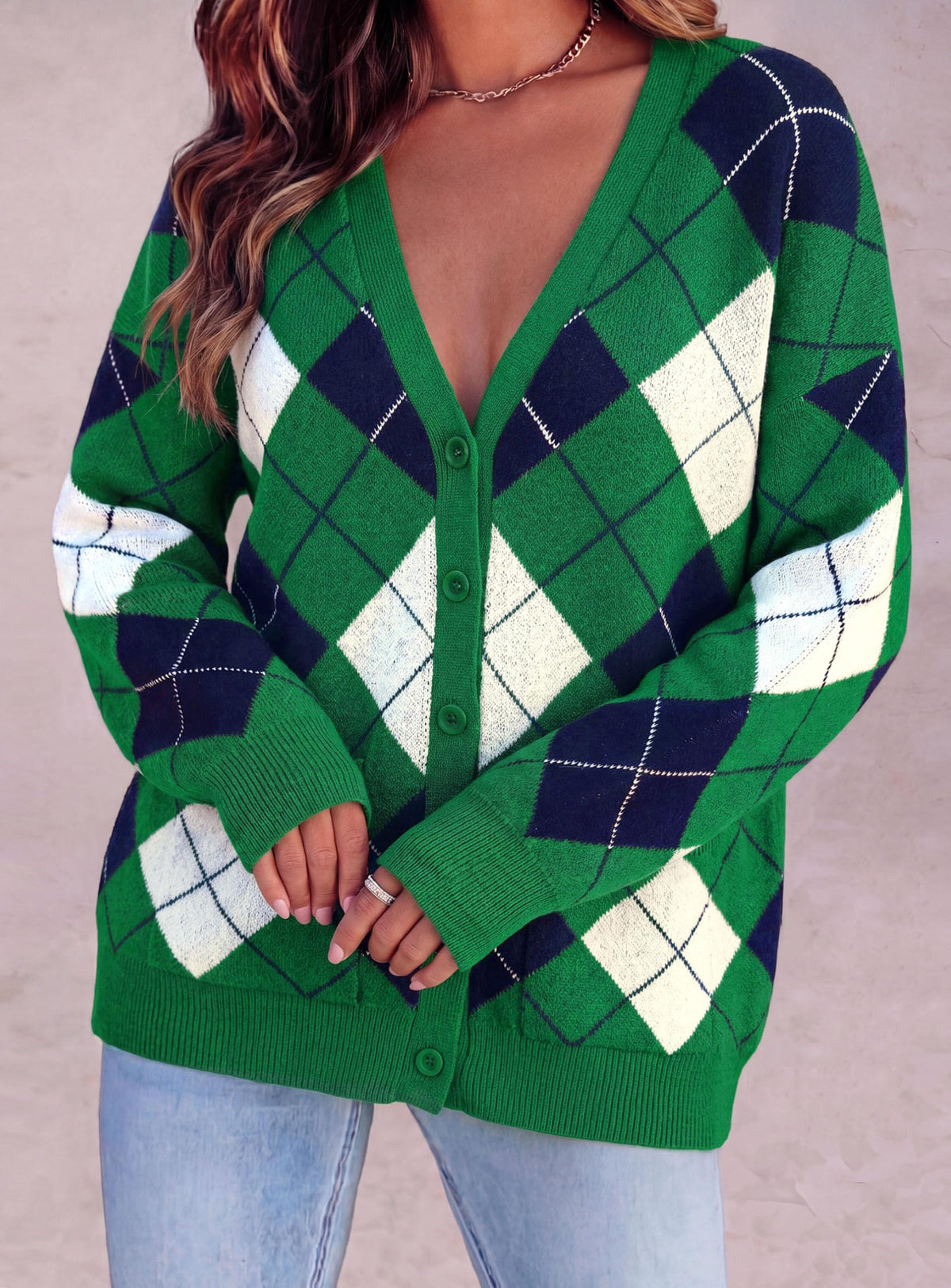 PRETTYGARDEN Women's Cardigan Argyle Winter Sweaters Cozy Warm Chunky Knit, Long Sleeve V Neck, Color Block Plaid, Button Up Pocket,Trendy Fall Jackets, Holiday Going Out Outfits