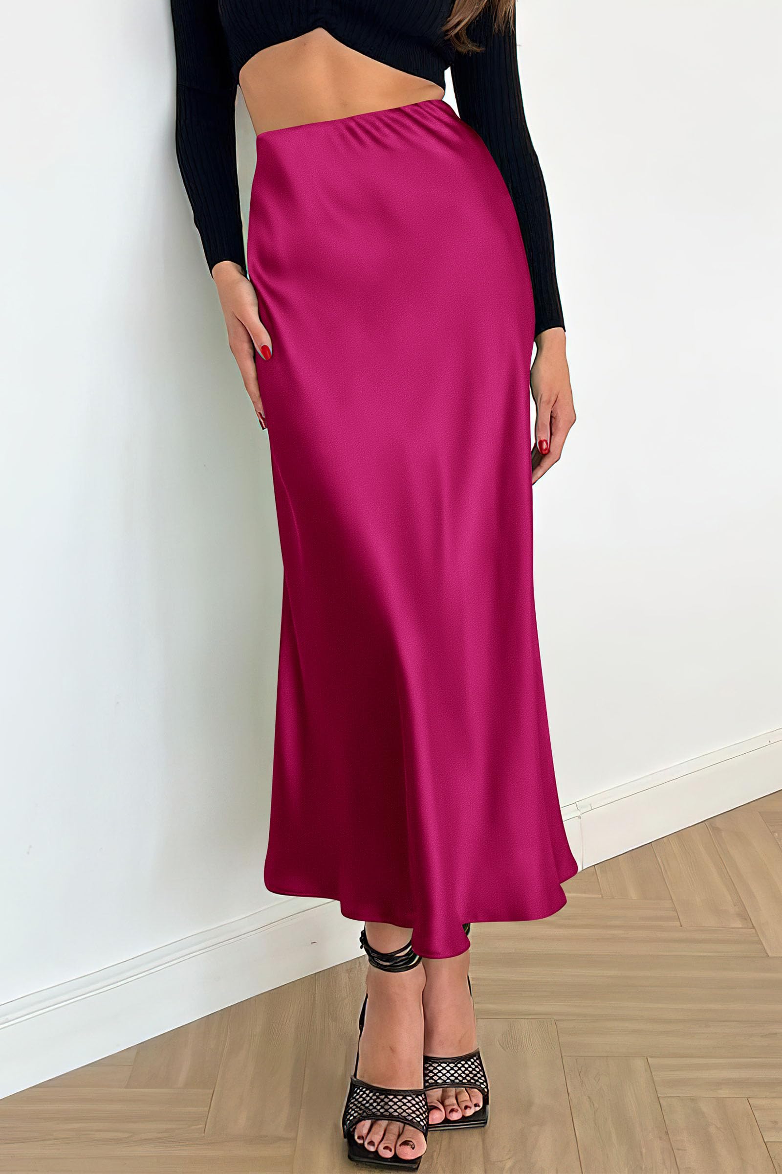 PRETTYGARDEN Women's Satin Skirts Dressy Casual Fall High Waisted Cocktail Wedding Flowy Elegant A Line Midi Skirt