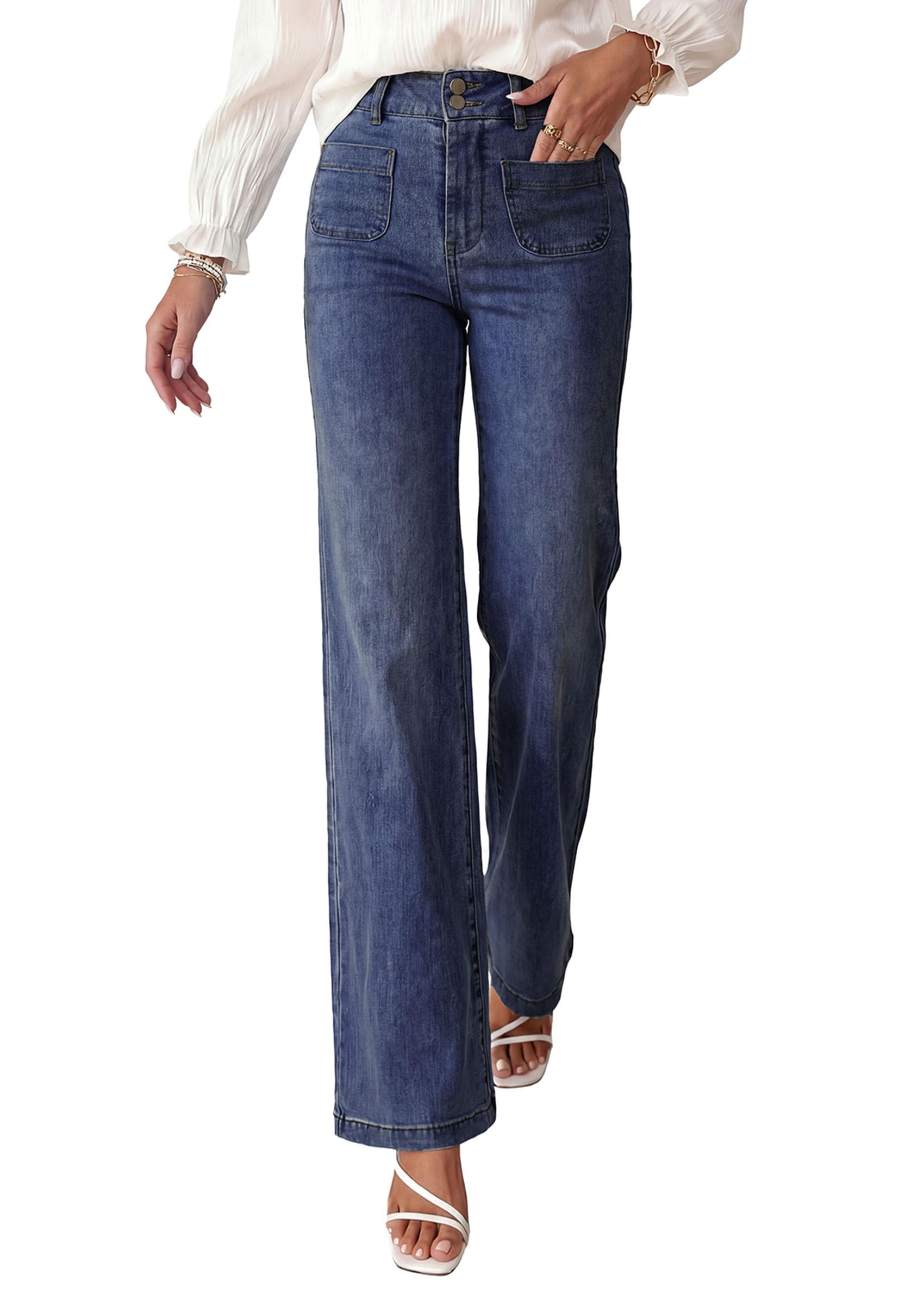PRETTYGARDEN Womens Wide Leg Jeans High Waisted Stretchy | High Rise Flare Jeans with Front Patch Pockets, Loose Fit Daily Wear Denim, Trendy Office Work Pants, Business Casual Outfits