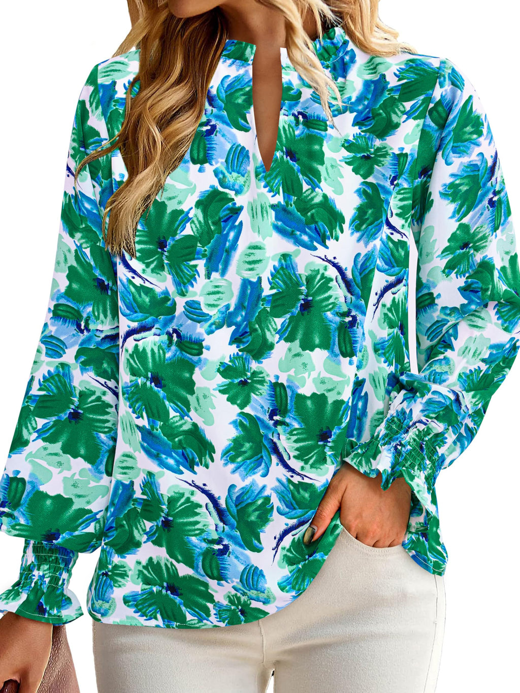 FreshPretty Womens V Neck Floral Long Sleeve Tops Summer Casual Loose Puff Sleeve Chiffon Boho Work Blouse Dressy T Shirts