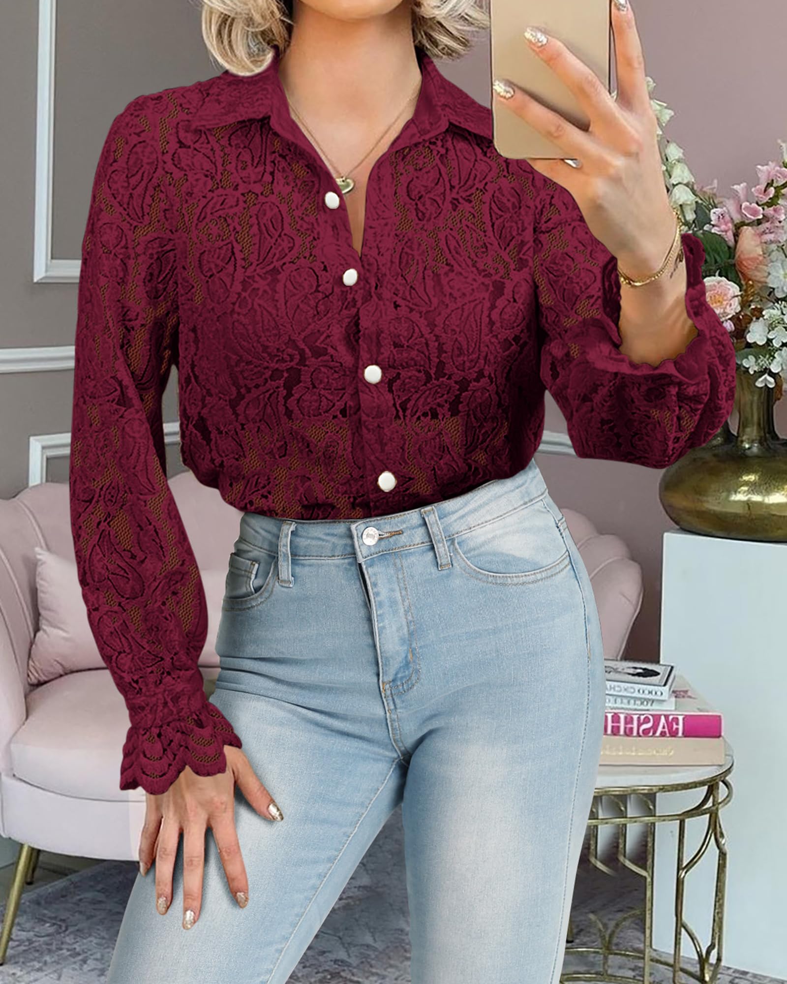 FreshPretty Long Sleeve Lace Blouses for Women Spring Dressy Casual Button Down Shirts Date Night Outfit Club Party Tops