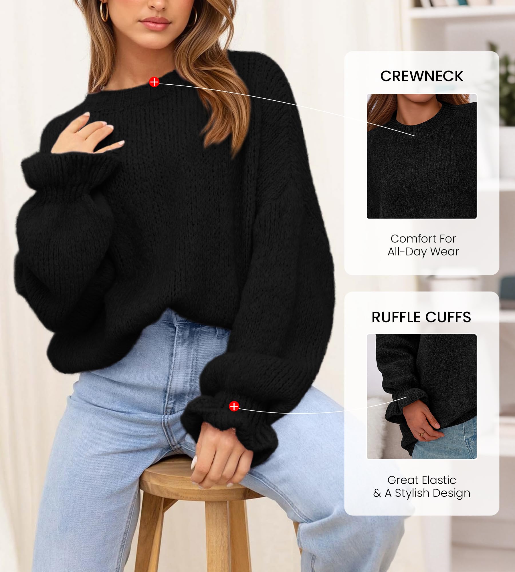 BTFBM Women's Oversized Sweater Crewneck Fall Winter Long Sleeve Fuzzy Warn Knit Pullover Sweaters Trendy Outfits