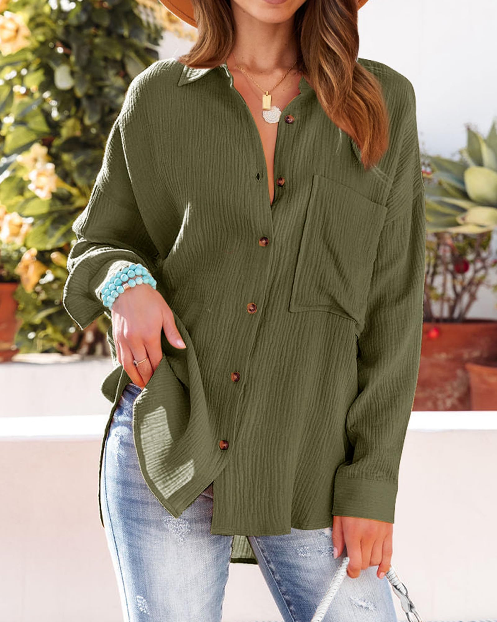 FreshPretty Casual Shirts for Women Long Sleeve Button Down Blouses Fall Solid Color Trendy Tops with Pocket