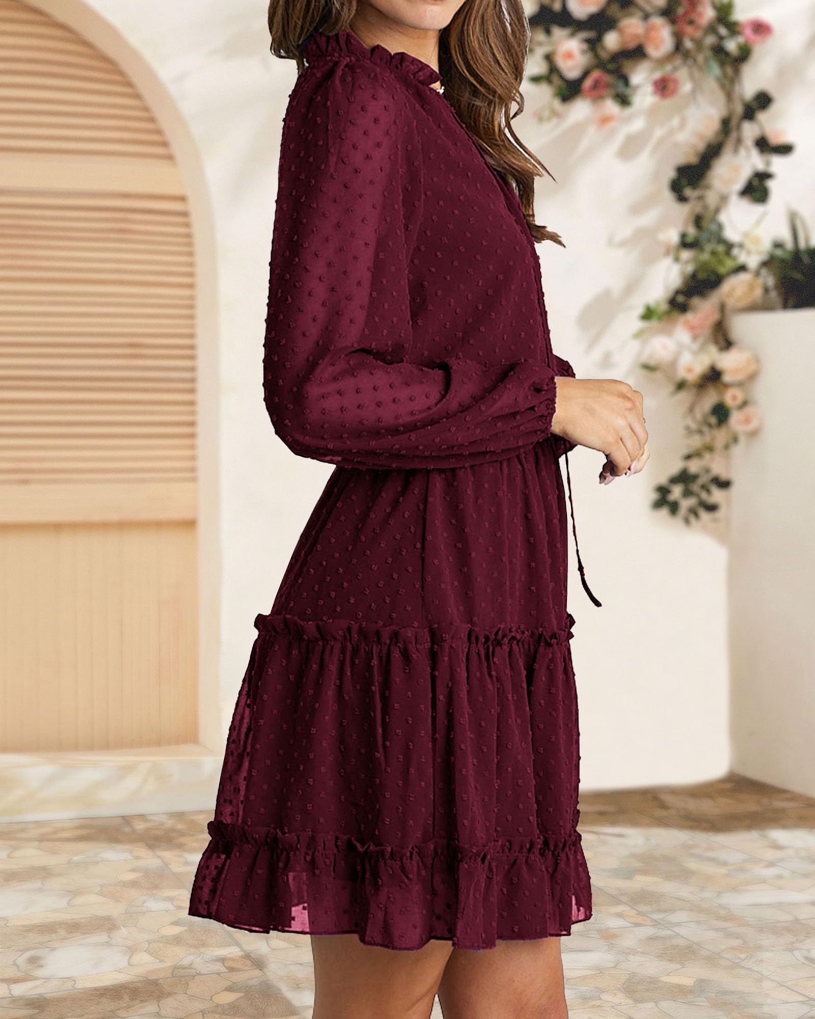 FreshPretty Long Sleeve Fall Dresses for Women Summer Casual Tie Neck Ruffle Tiered A Line Wedding Guest Short Mini Dress