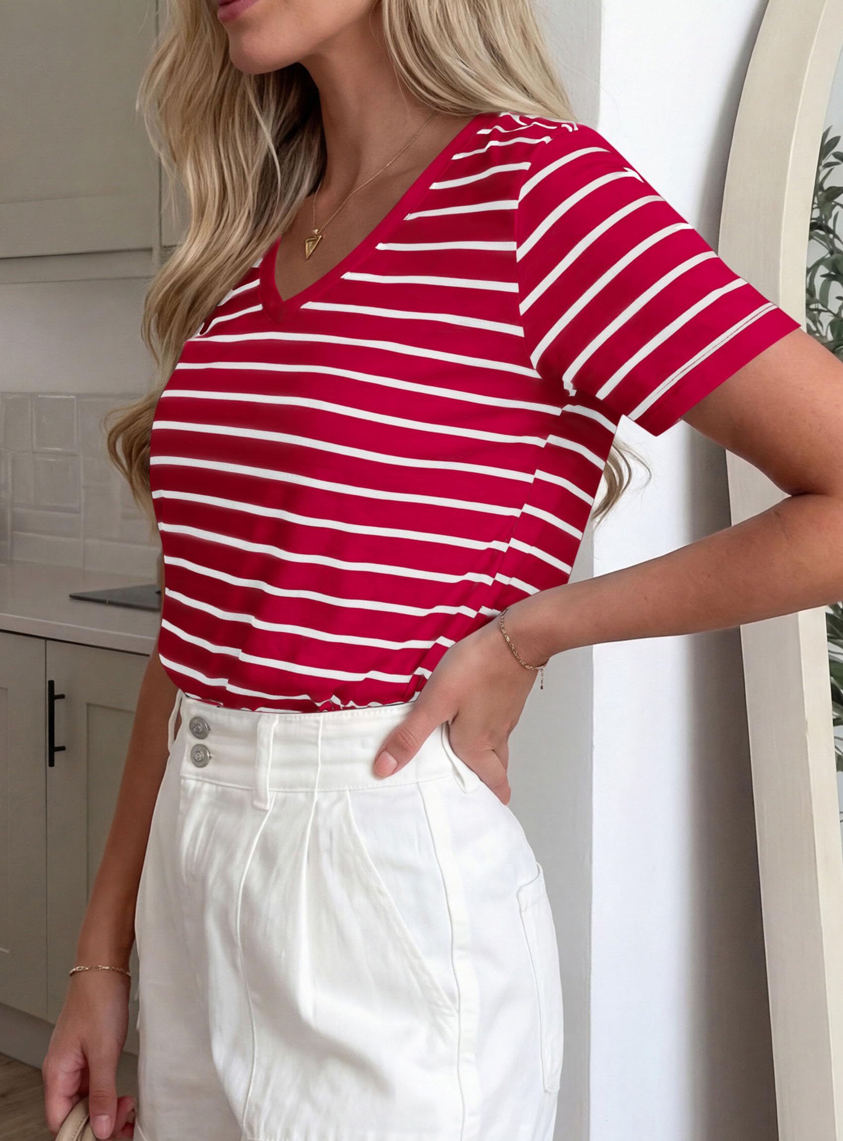 PRETTYGARDEN Short Sleeve Shirts for Women Spring V Neck Cute Tops Casual Striped Shirt Knitted Tees Summer Outfits