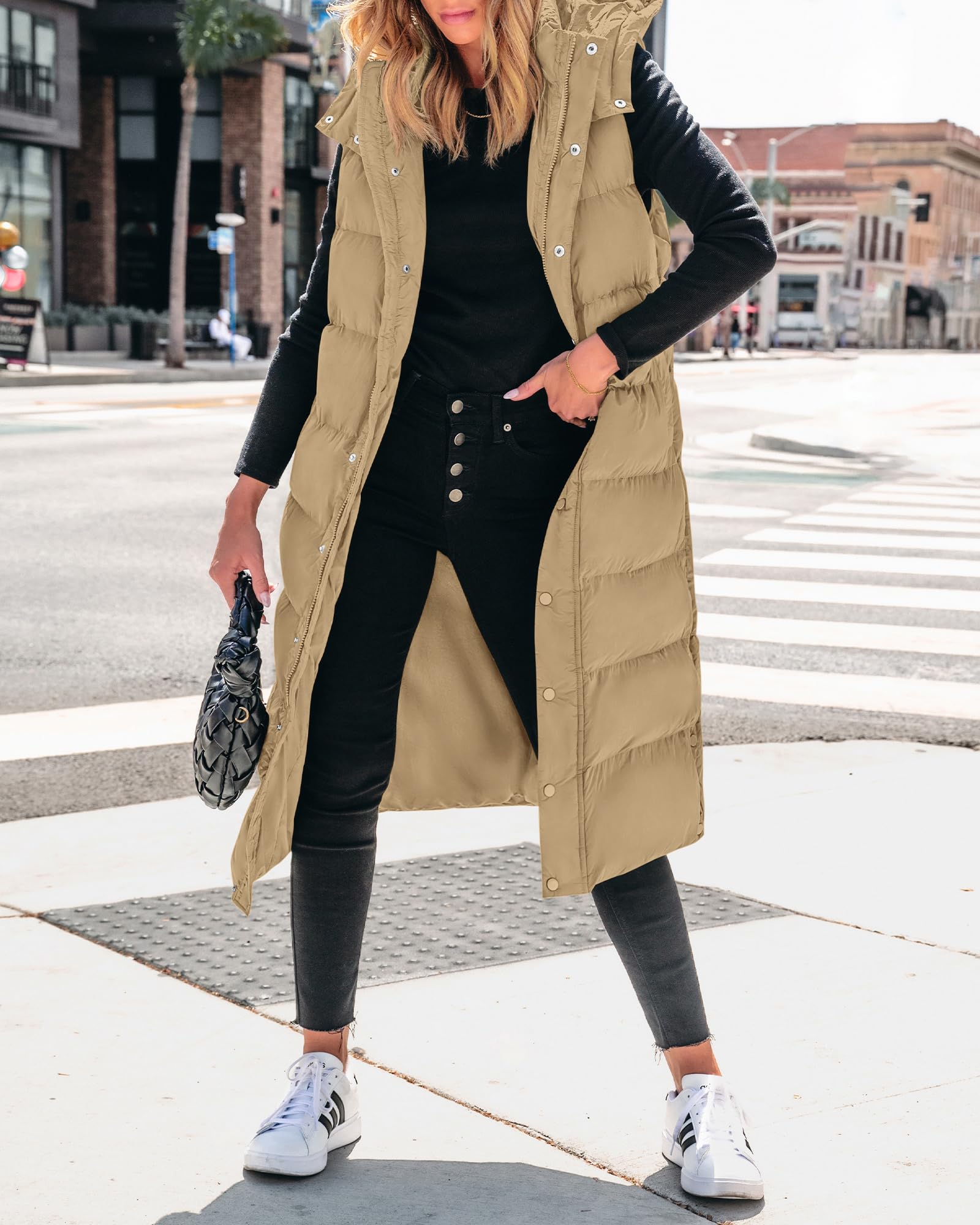 FreshPretty Long Puffer Vest Women Quilted Hooded Button Down Zip Up Sleeveless Vests Outerwear Padded Jacket Fall Winter Coat