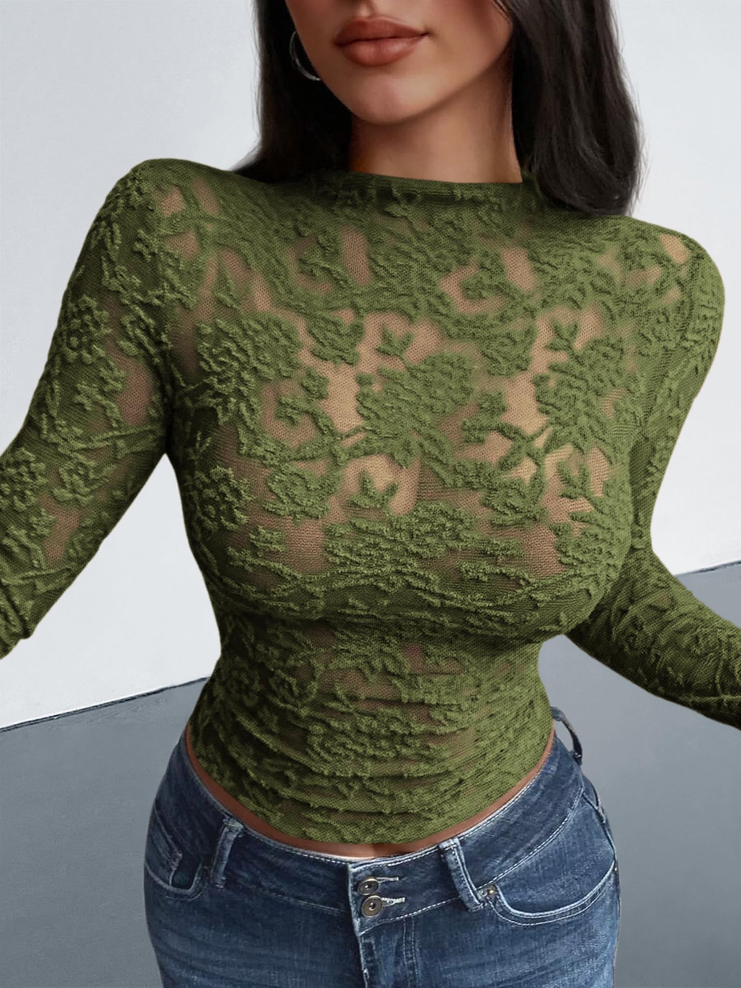 BTFBM Mesh Long Sleeve Tops for Women Lace Sheer Tight See Through Crew Neck Spring Fall Party Club Outfits