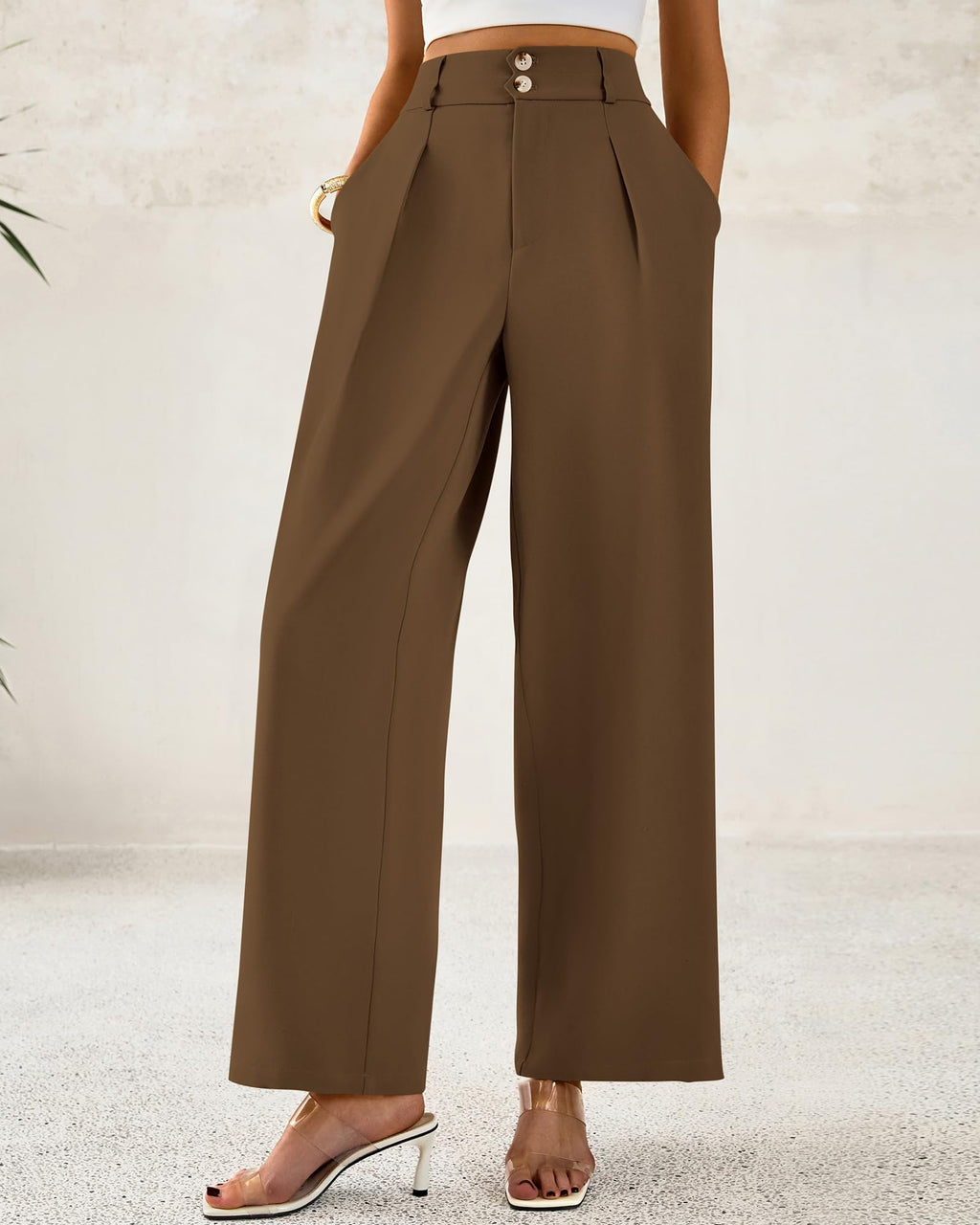 BTFBM Women Wide Leg Dress Pants High Waisted Button Pleated Business Casual Trousers Office Work Palazzo Pants