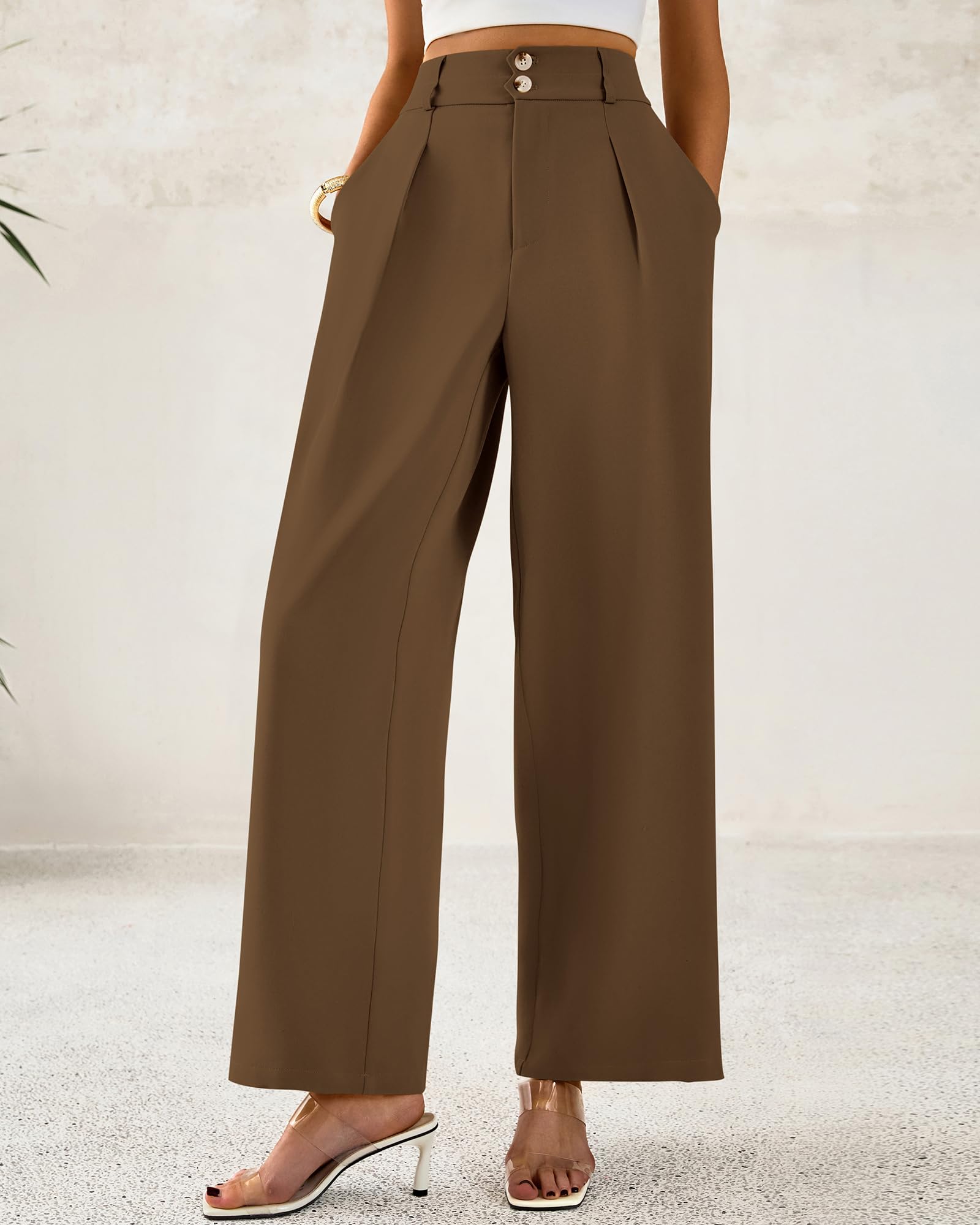 BTFBM Women Wide Leg Dress Pants High Waisted Button Pleated Business Casual Trousers Office Work Palazzo Pants