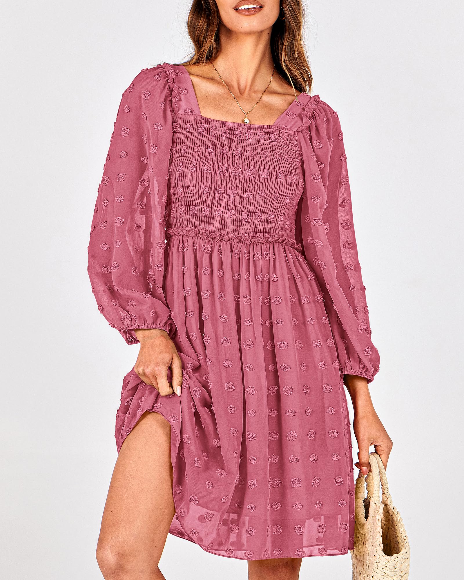 BTFBM Womens Long Sleeve Dress Summer Vacation Square Neck Smocked Floral Mini Boho Spring Wedding Guest Dresses