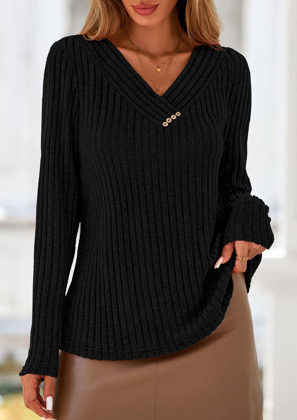 PRETTYGARDEN Women's Long Sleeve Shirts Fall Fashion Clothes Casual Ribbed V Neck Loose Tunic Tops Lightweight Sweaters