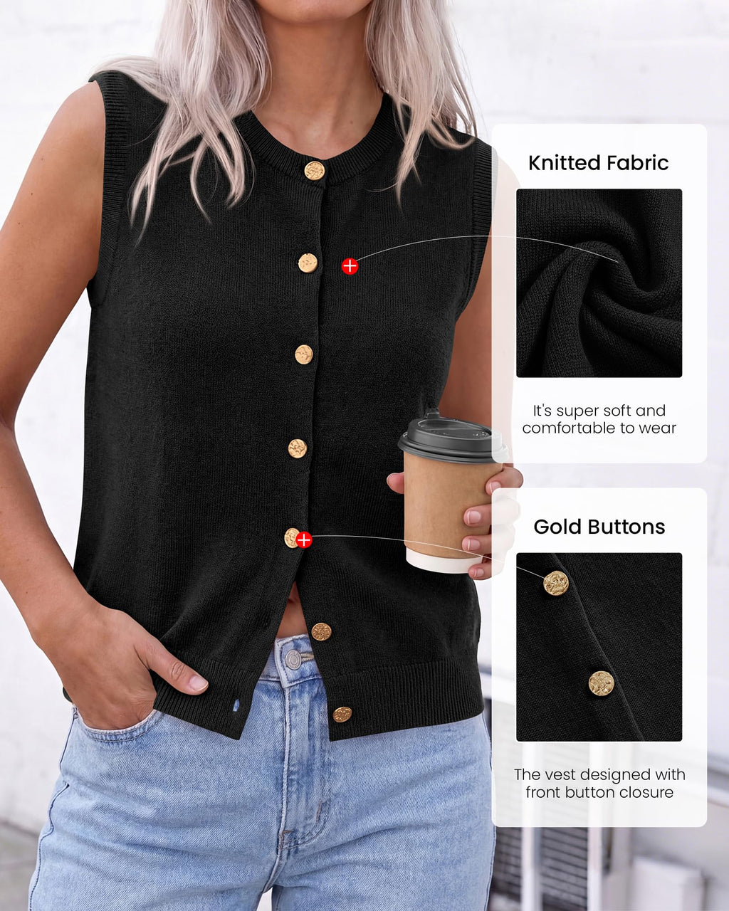 BTFBM Sweater Vest Women Casual Crewneck Loose Button Down Knit Sleeveless Cardigan Spring Clothes Summer Vest Tops