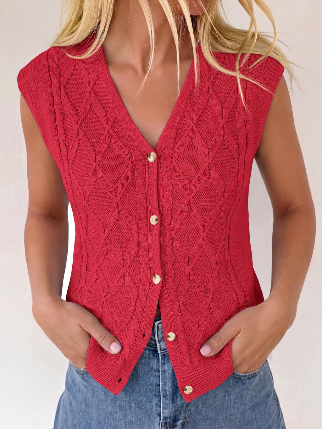 BTFBM Vest Tops for Women Summer V Neck Button Loose Lightweight Cardigan Knit Cap Sleeve Sweater Vests Fashion Clothing