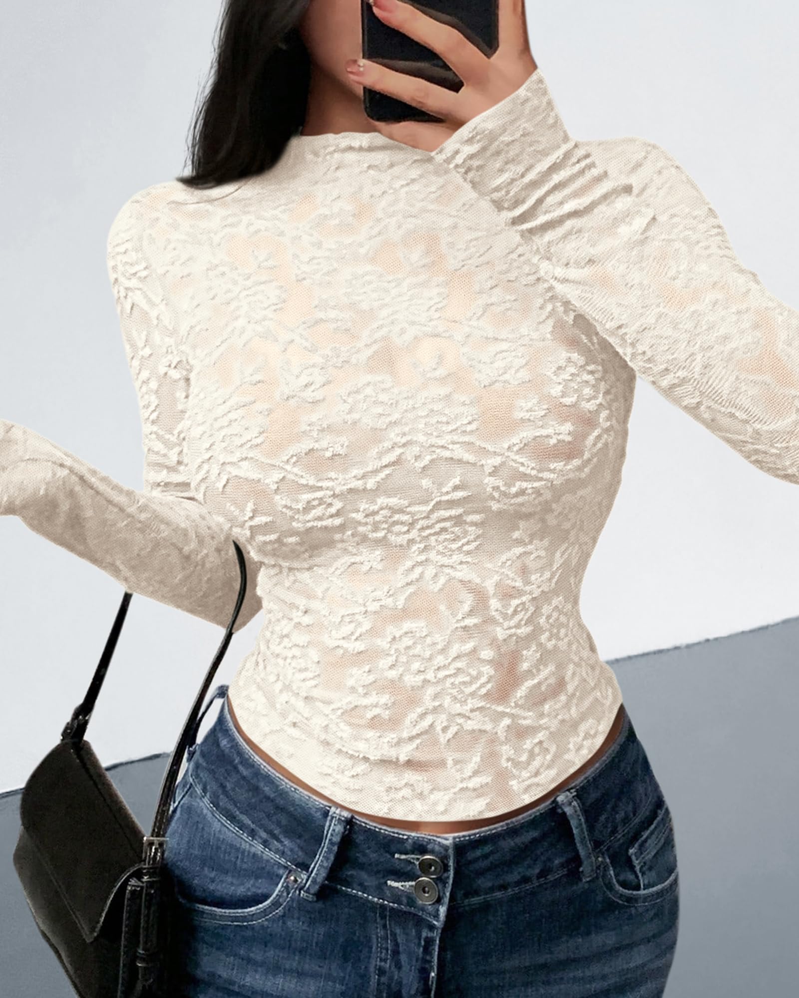 BTFBM Mesh Long Sleeve Tops for Women Lace Sheer Tight See Through Crew Neck Spring Fall Party Club Outfits