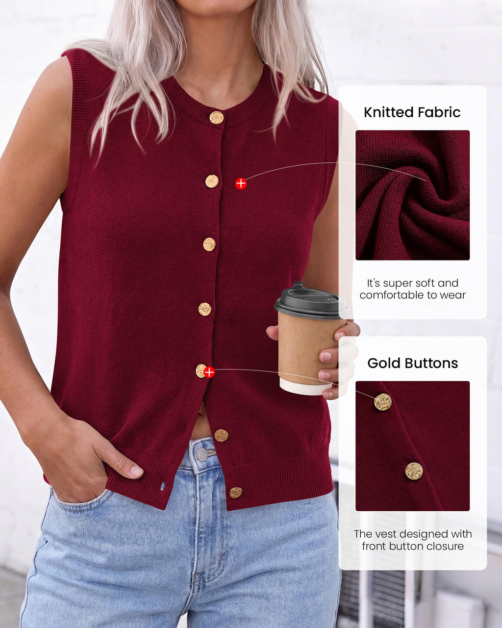 BTFBM Sweater Vest Women Casual Crewneck Loose Button Down Knit Sleeveless Cardigan Spring Clothes Summer Vest Tops