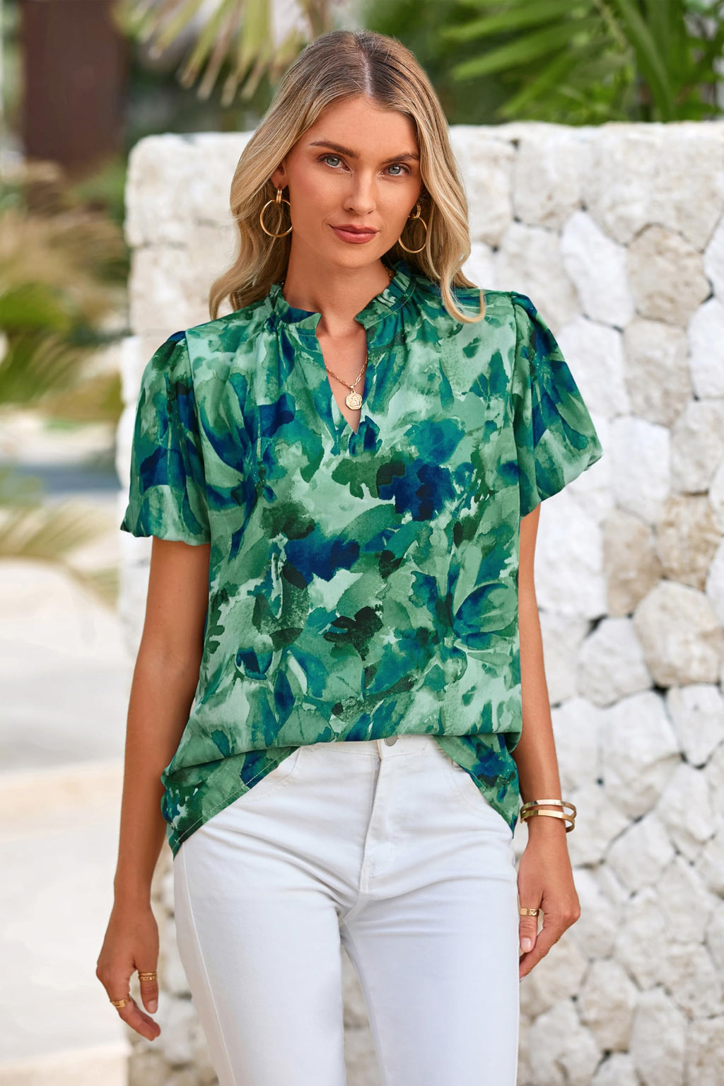 PRETTYGARDEN Boho Short Sleeve Floral Work Blouses for Women Dressy Casual V Neck Puff Sleeve Loose Chiffon Flowy Tops Shirts