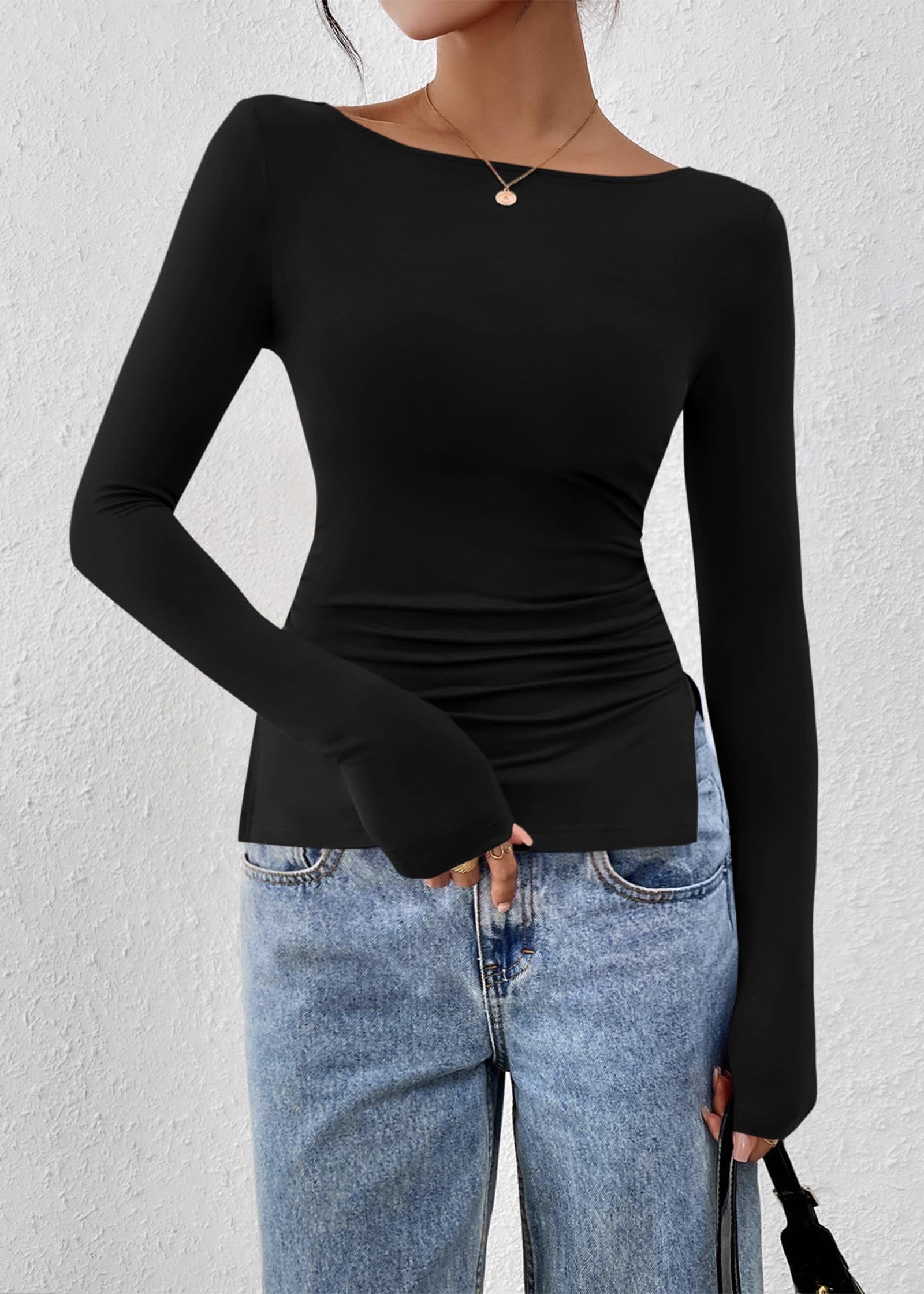 FreshPretty Long Sleeve Shirts for Women Fall Casual Boat Neck Knit Workout Going Out Tops Fitted Side Slit Basic Tees