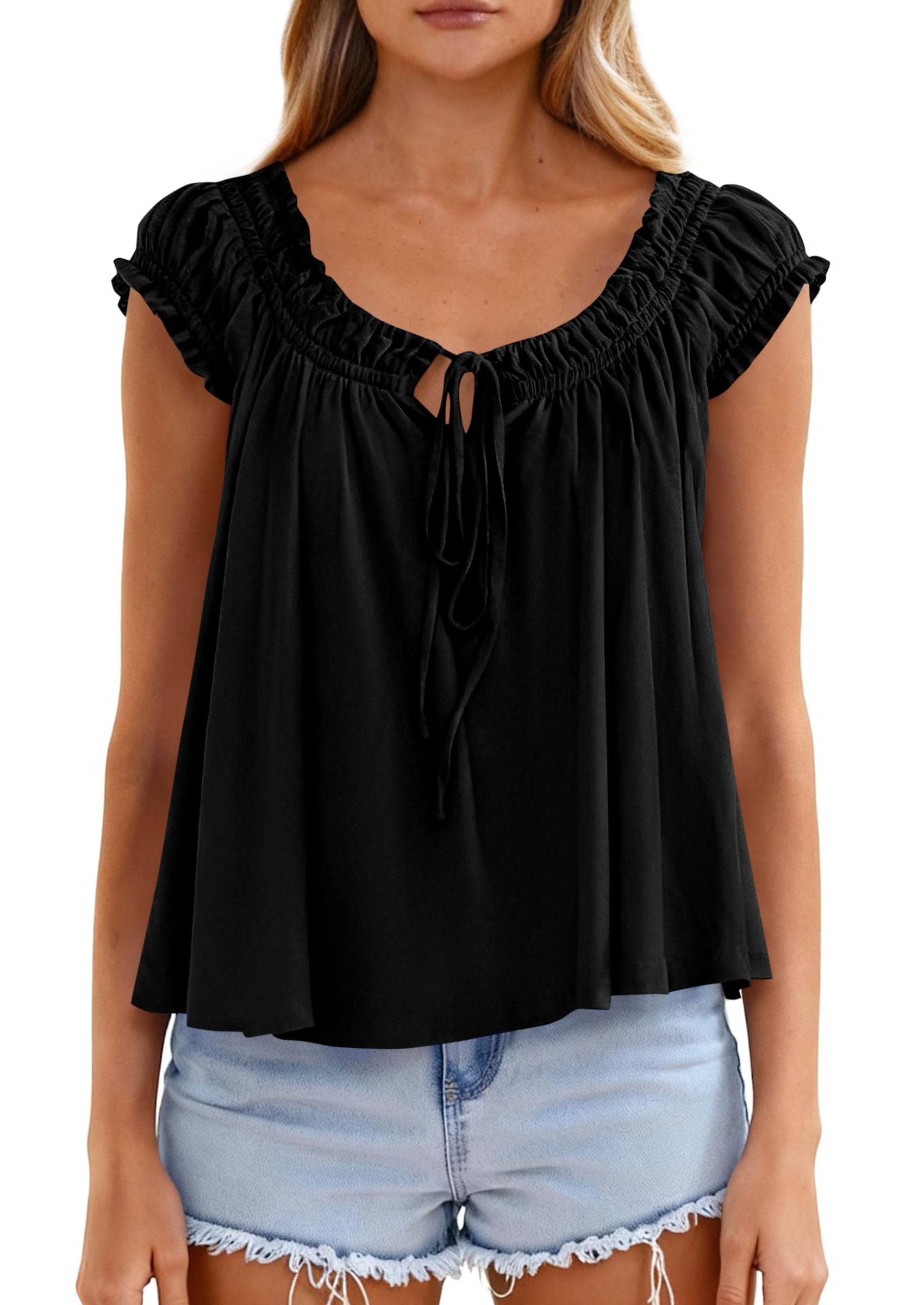PRETTYGARDEN Women Babydoll Tops Summer Clothes Cap Sleeve Tie Front Flowy Tank Top Peplum Blouses Cute Going Out Shirts