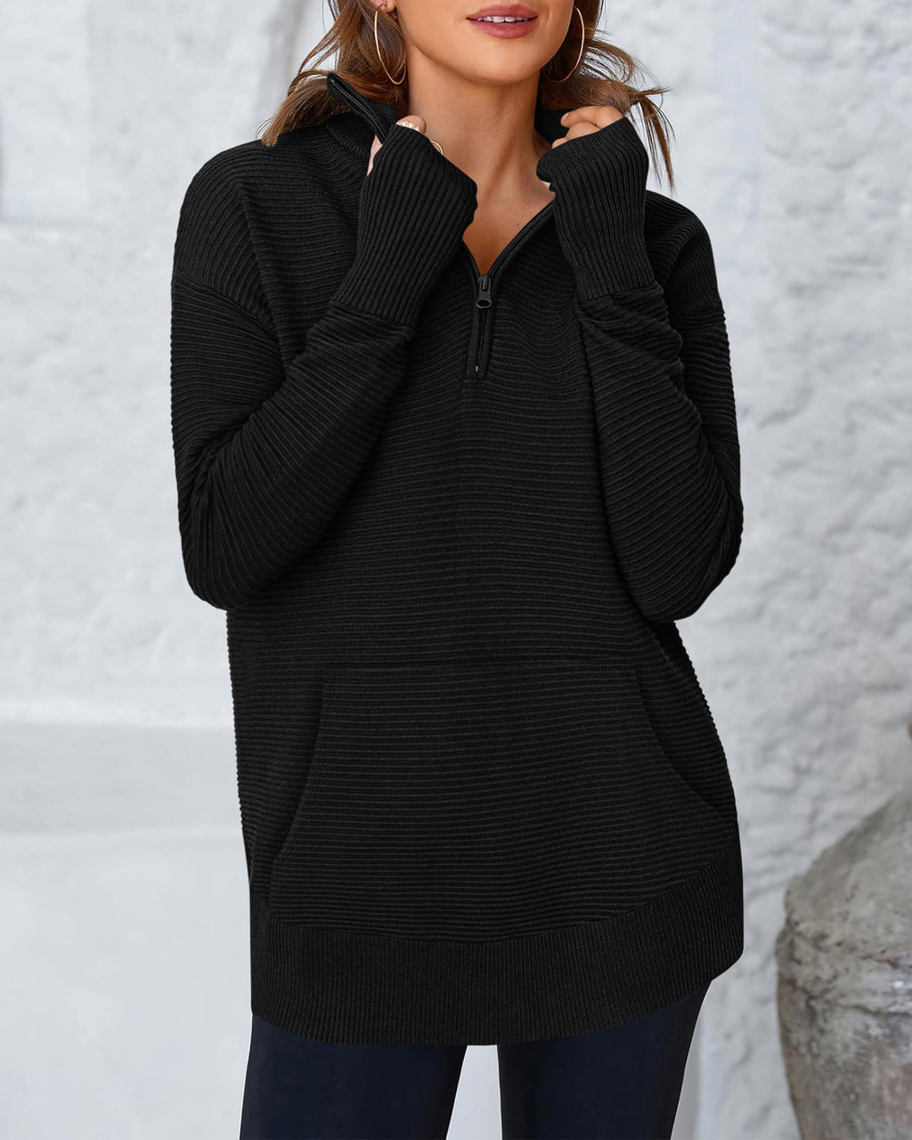 BTFBM Sweaters for Women Fall Clothes Pocket Quarter Zip Pullover V Neck Long Sleeve Knit Trendy Winter Sweater