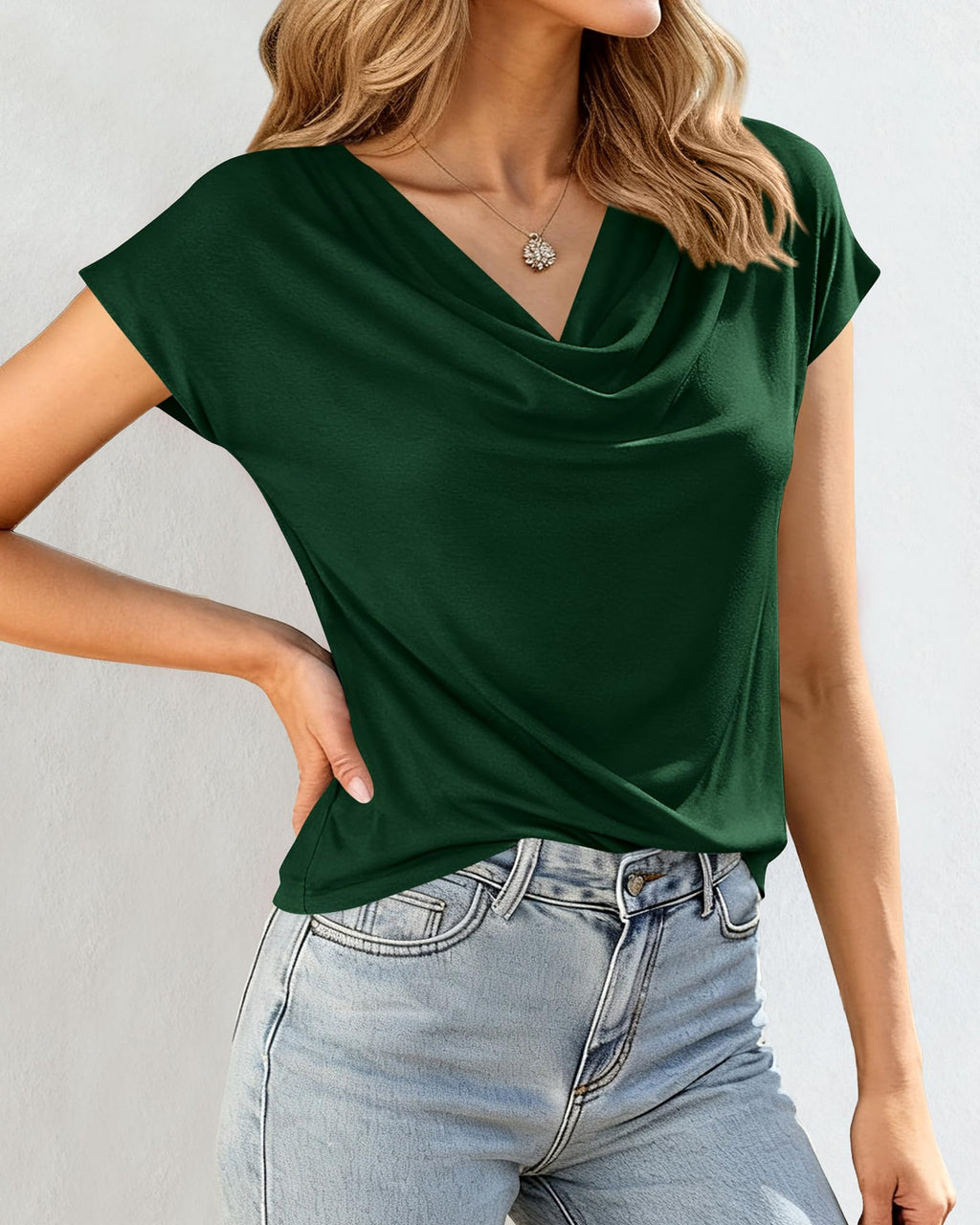 FreshPretty Blouses for Women Dressy Casual Spring Summer Tops Cowl Neck Short Sleeve Shirts Work Office Business Outfits