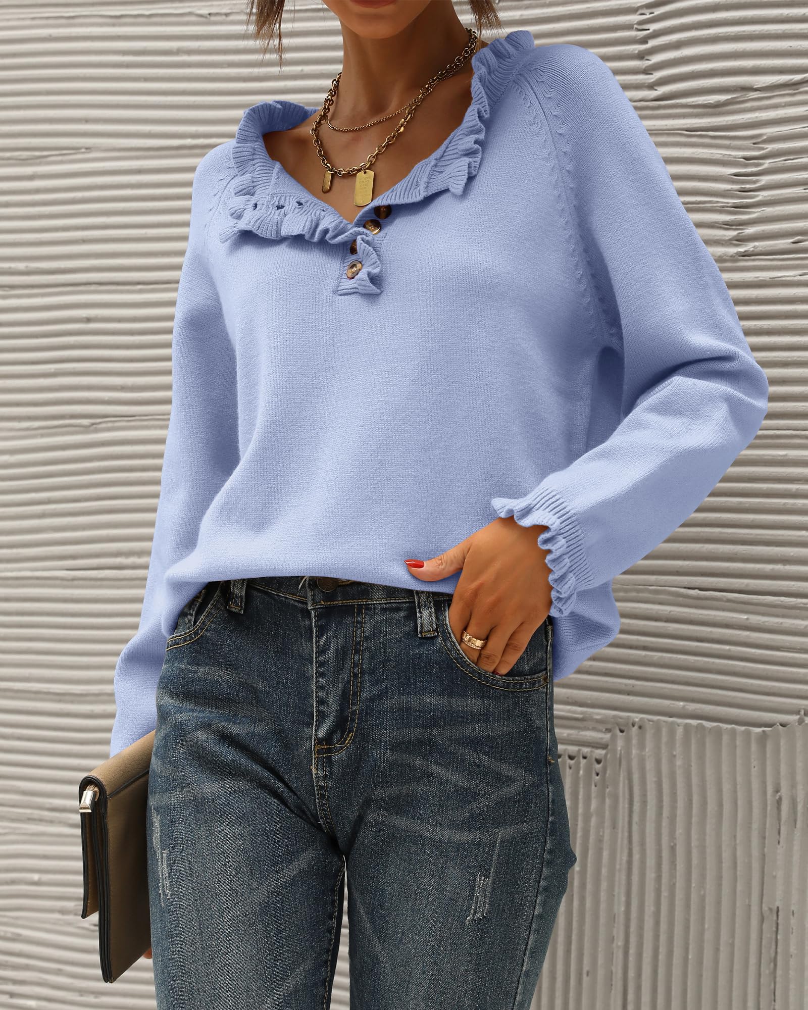 FreshPretty Womens Sweaters Fall Winter Clothes Long Sleeve Button Down Ruffle Crew Neck Casual Knitted Pullover Tops